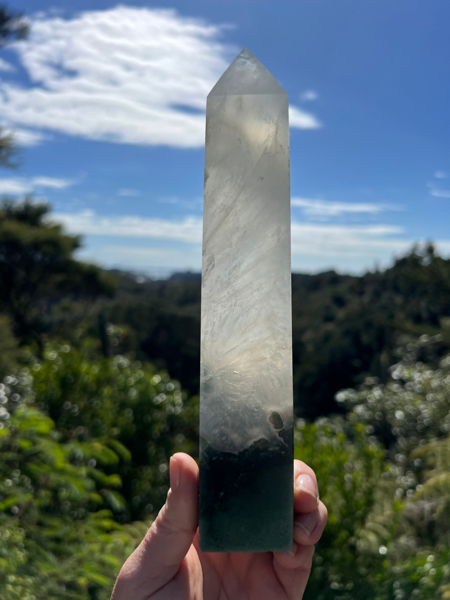Moss Agate and Milky Clear Quartz Tower