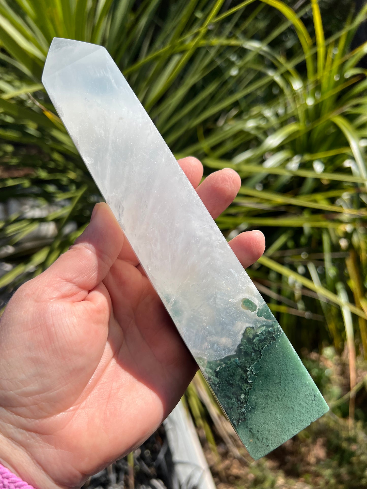 Moss Agate and Milky Clear Quartz Tower