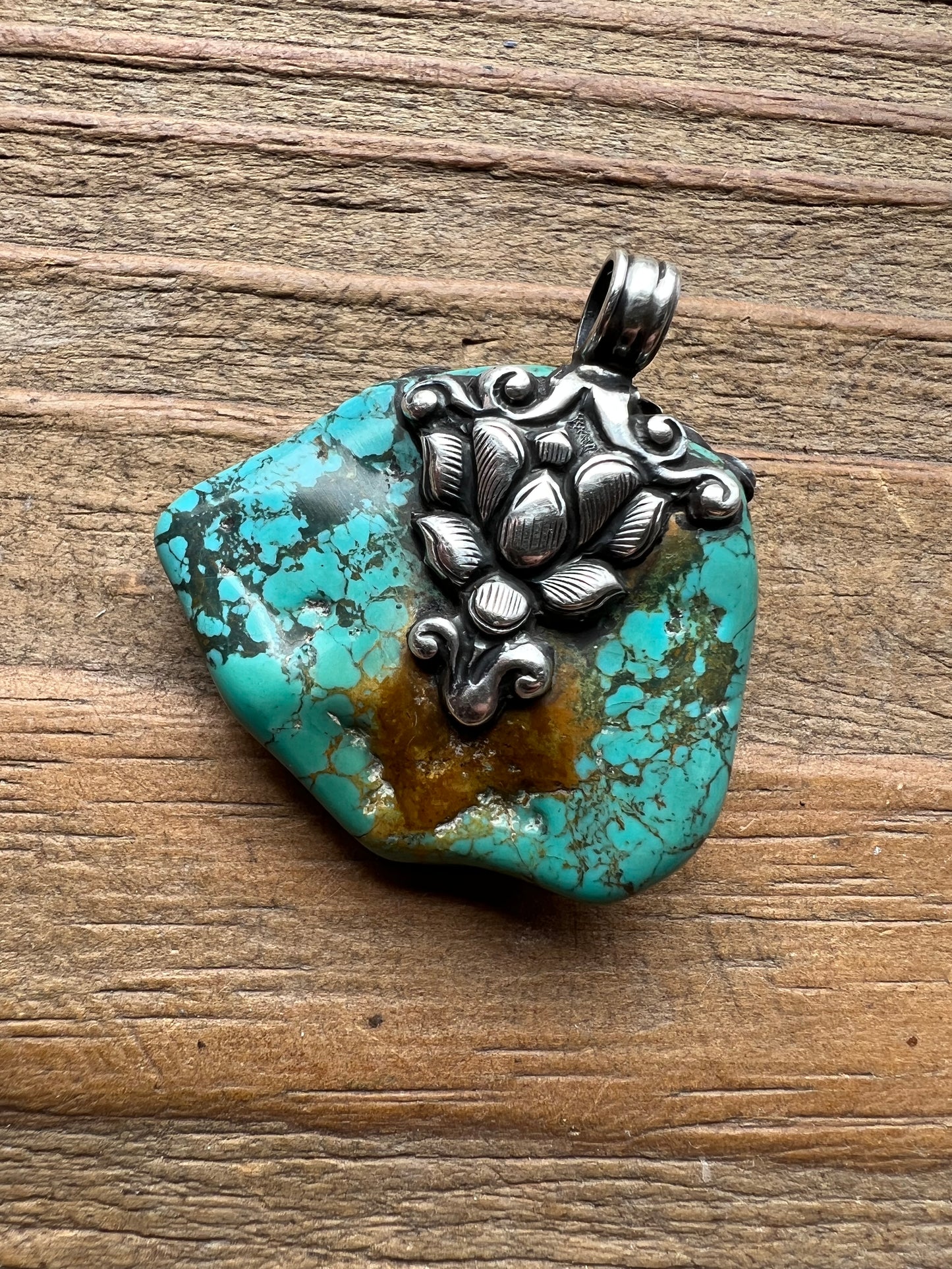 Turquoise Nugget, Coral and Sterling Silver Pendant