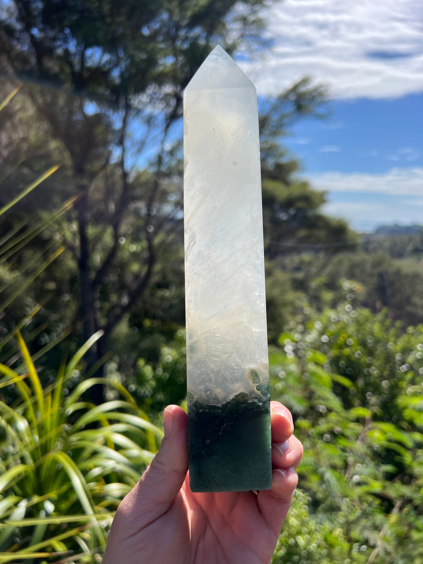 Moss Agate and Milky Clear Quartz Tower