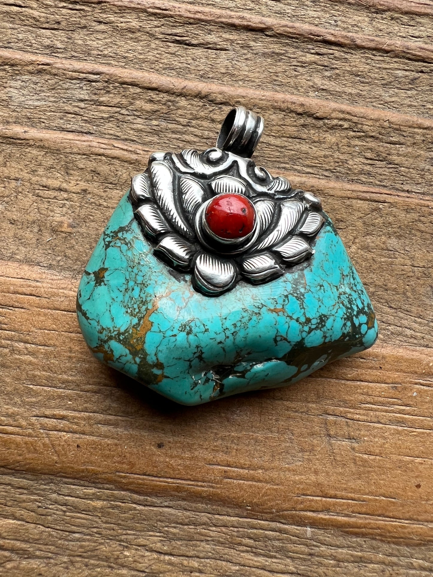 Turquoise Nugget, Coral and Sterling Silver Pendant