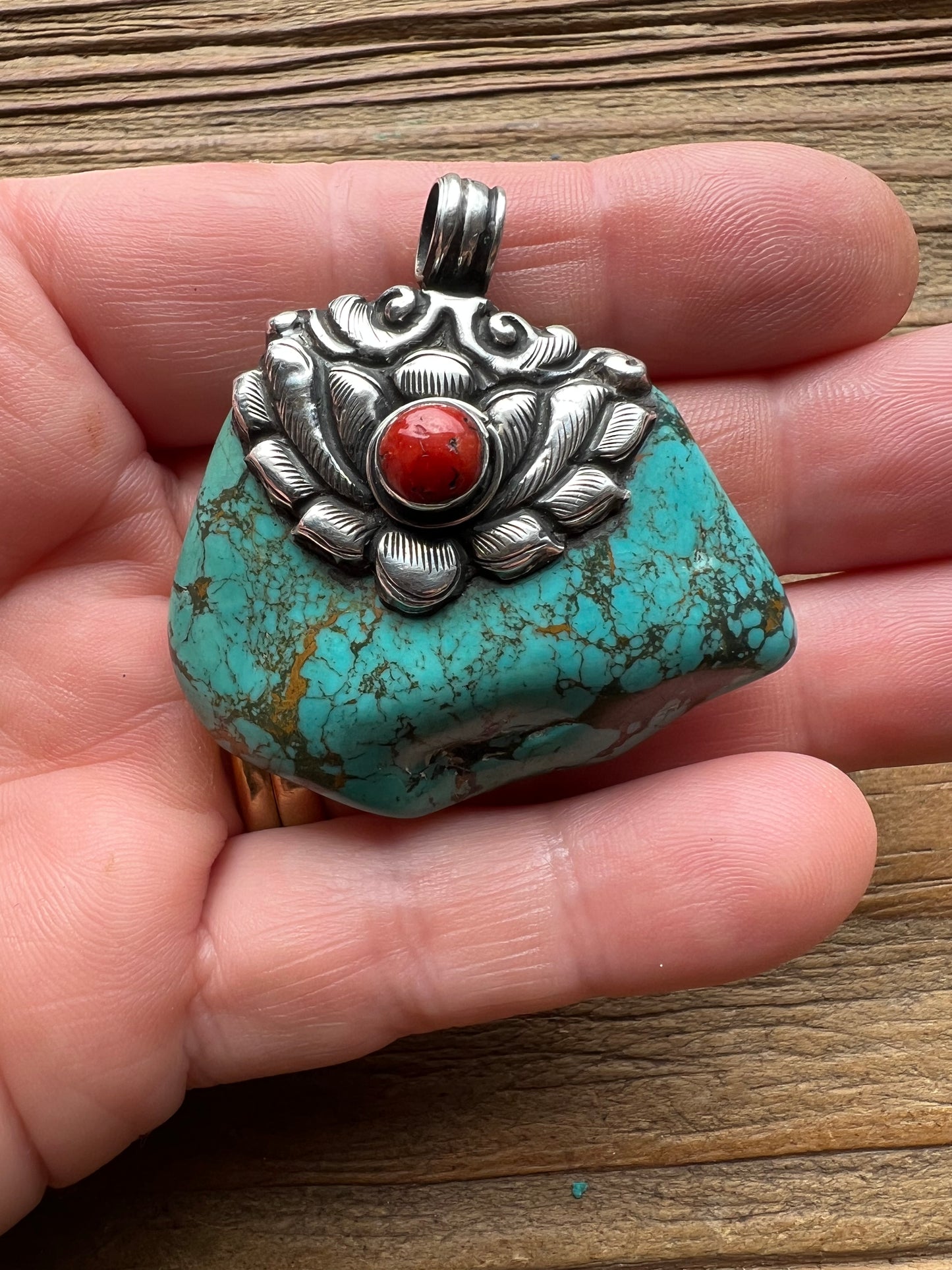 Turquoise Nugget, Coral and Sterling Silver Pendant