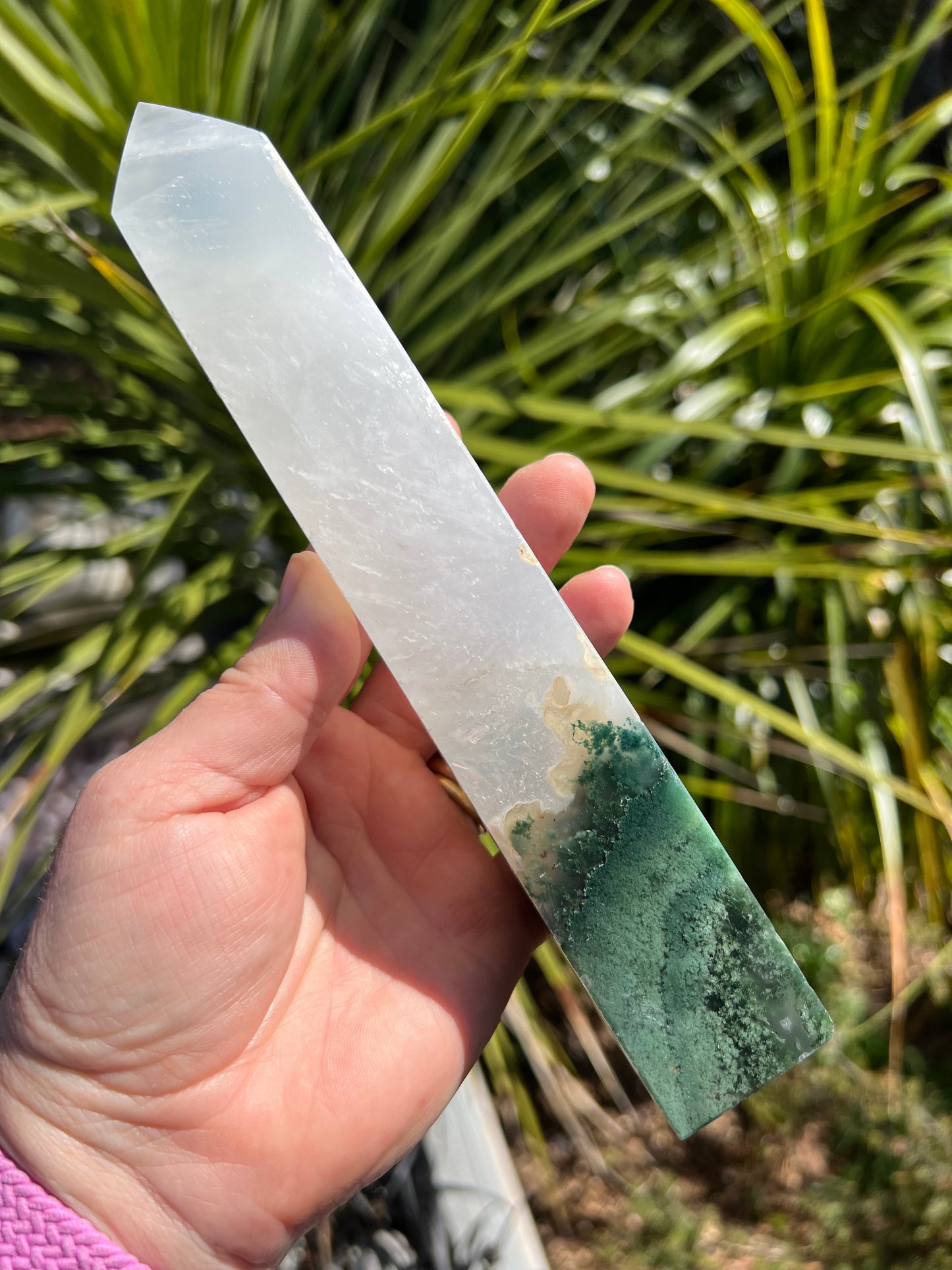 Moss Agate and Milky Clear Quartz Tower