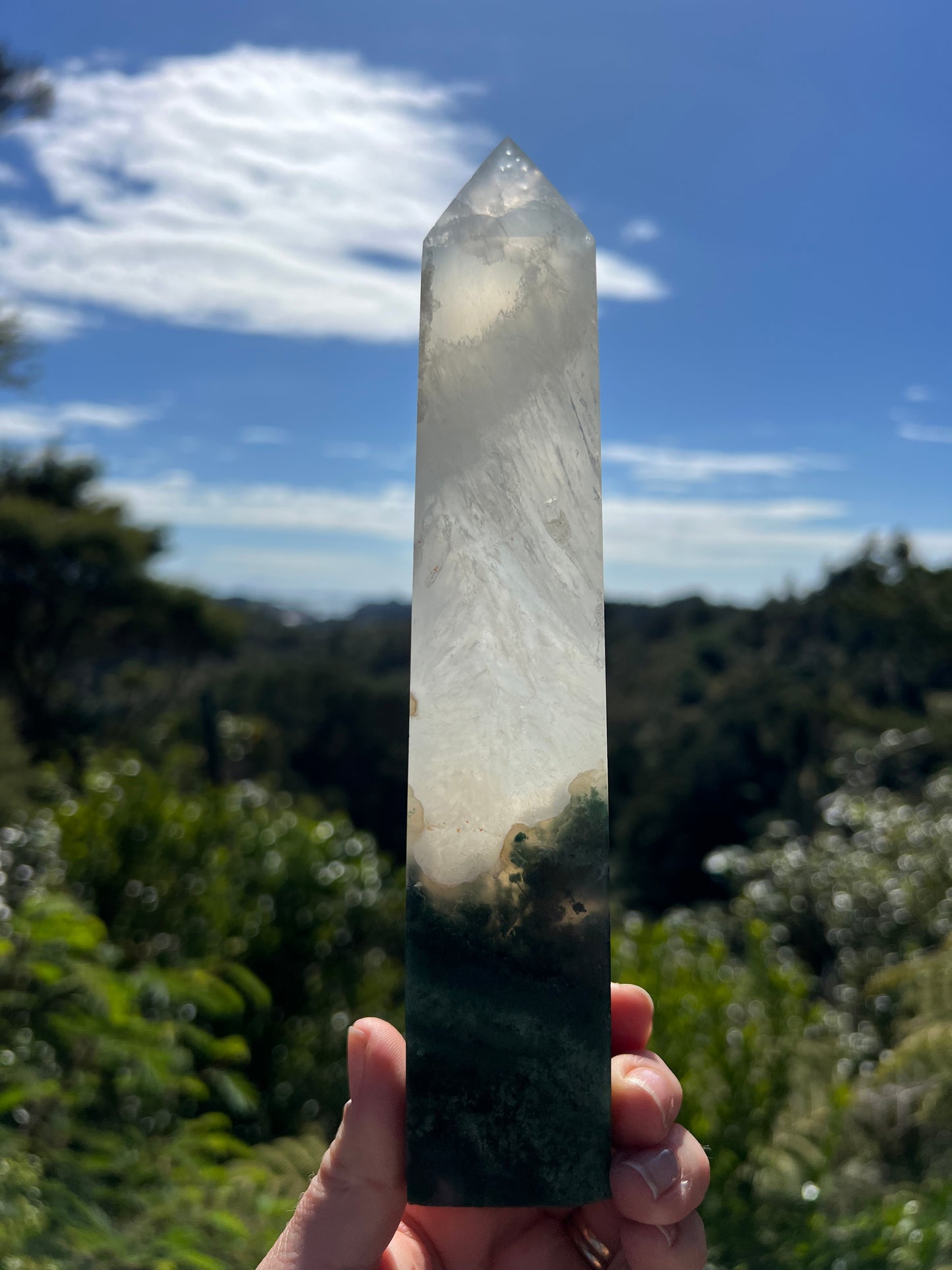 Moss Agate and Milky Clear Quartz Tower