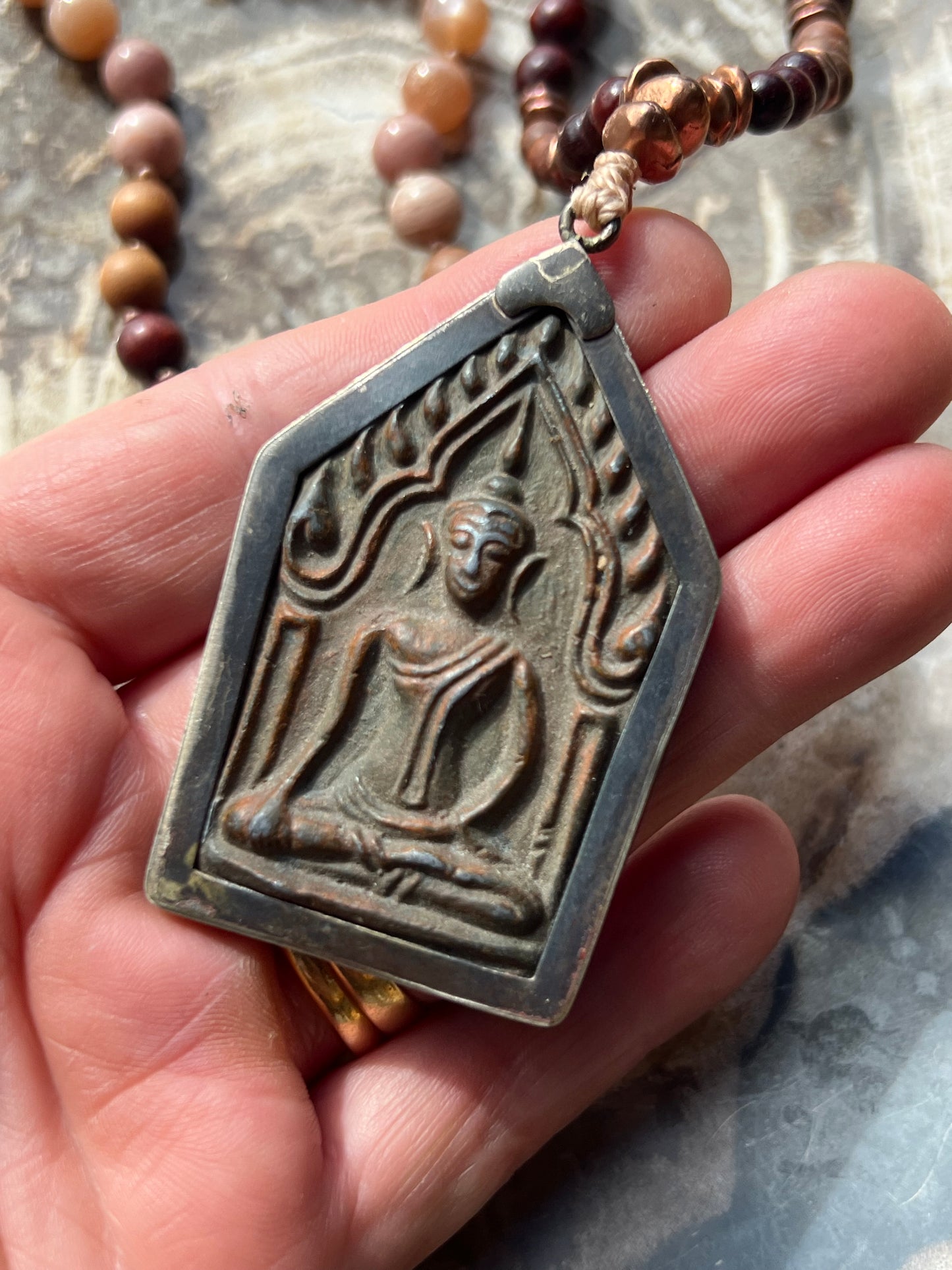 Half Mālā with Sunstone, Haitian Flower Rhodonite and Cherry Blossom Agate, Sandalwood, Indian Rosewood and Peach Aventurine with a Thai Buddha Pendant