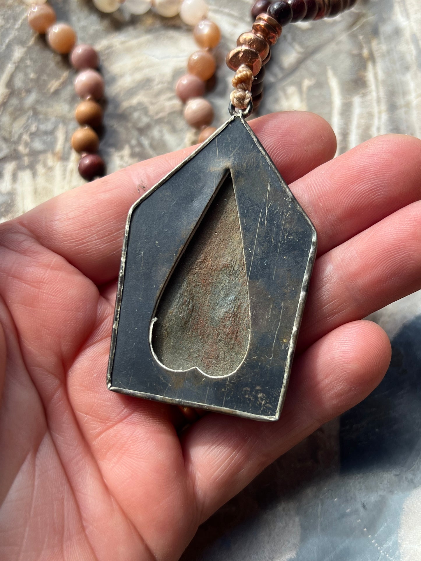 Half Mālā with Sunstone, Haitian Flower Rhodonite and Cherry Blossom Agate, Sandalwood, Indian Rosewood and Peach Aventurine with a Thai Buddha Pendant