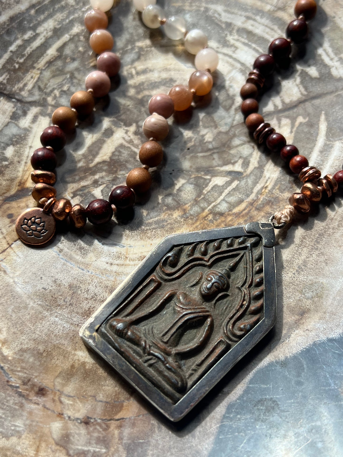 Half Mālā with Sunstone, Haitian Flower Rhodonite and Cherry Blossom Agate, Sandalwood, Indian Rosewood and Peach Aventurine with a Thai Buddha Pendant