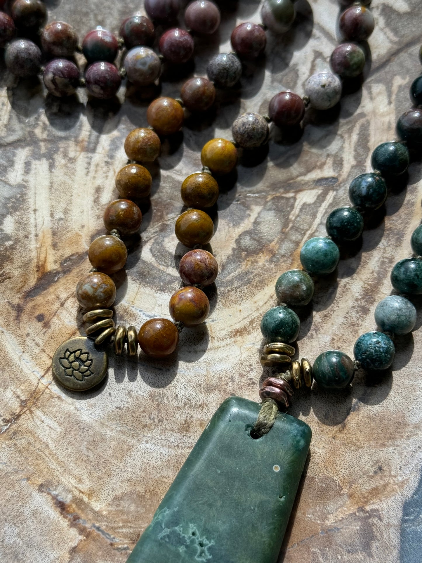 Mālā, Full Mālā with Ocean Jasper Pendant, Ocean Jasper Beads