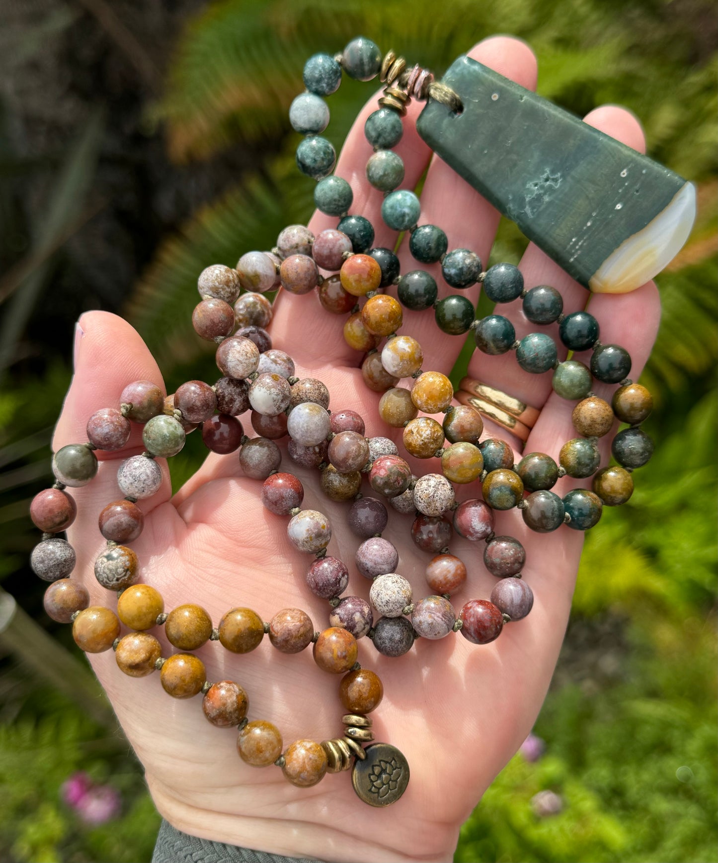 Mālā, Full Mālā with Ocean Jasper Pendant, Ocean Jasper Beads