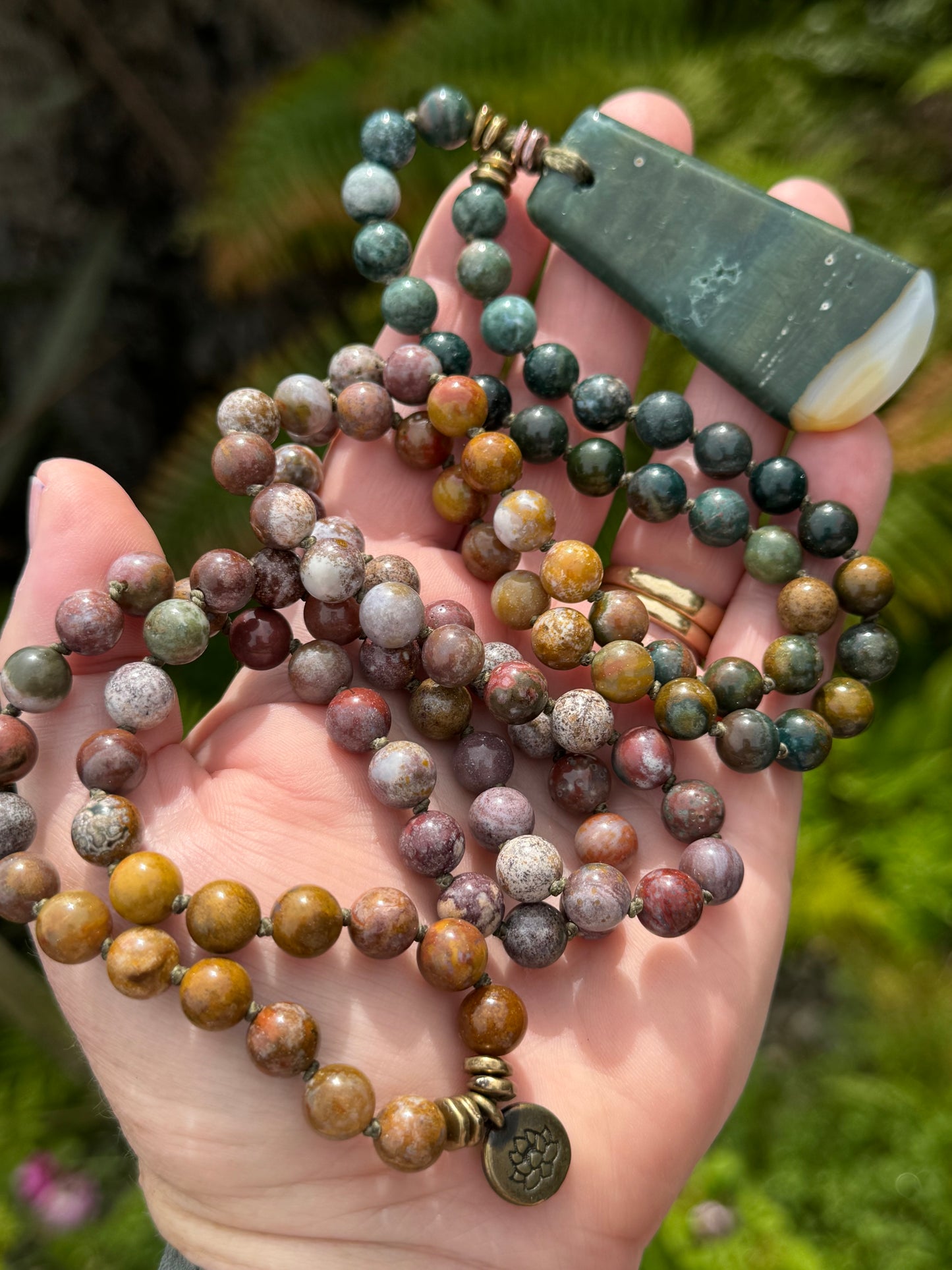Mālā, Full Mālā with Ocean Jasper Pendant, Ocean Jasper Beads