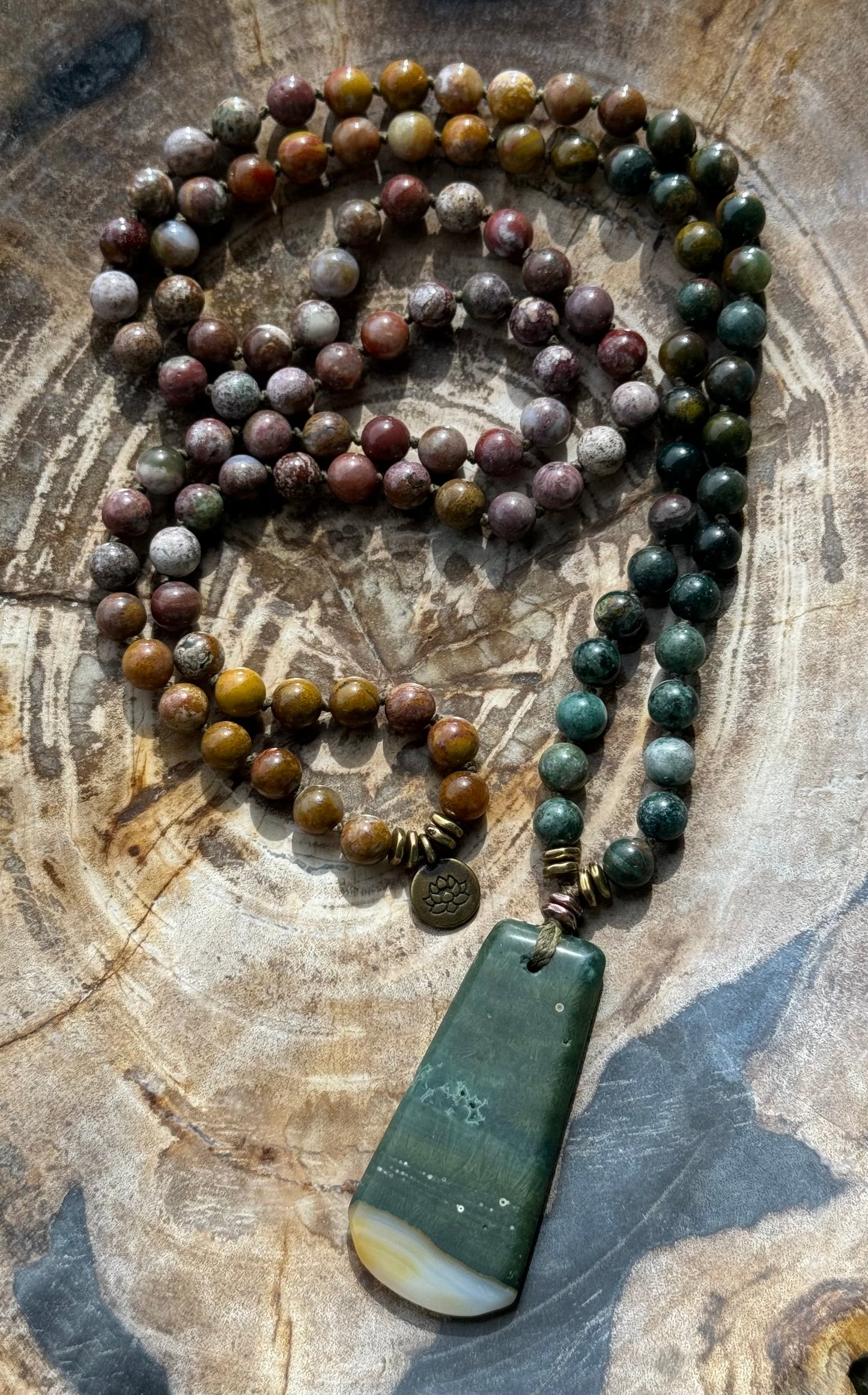Mālā, Full Mālā with Ocean Jasper Pendant, Ocean Jasper Beads