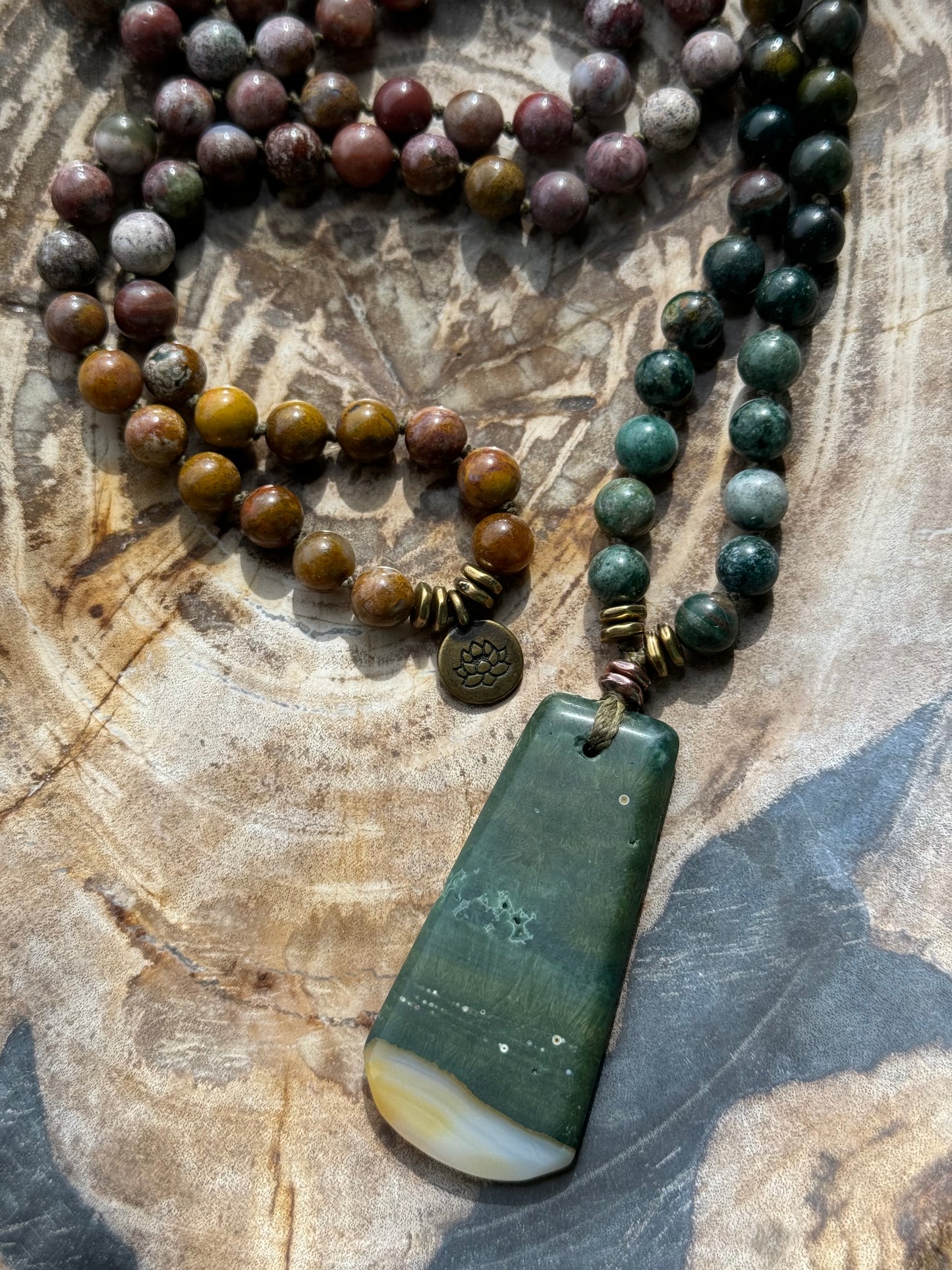 Mālā, Full Mālā with Ocean Jasper Pendant, Ocean Jasper Beads