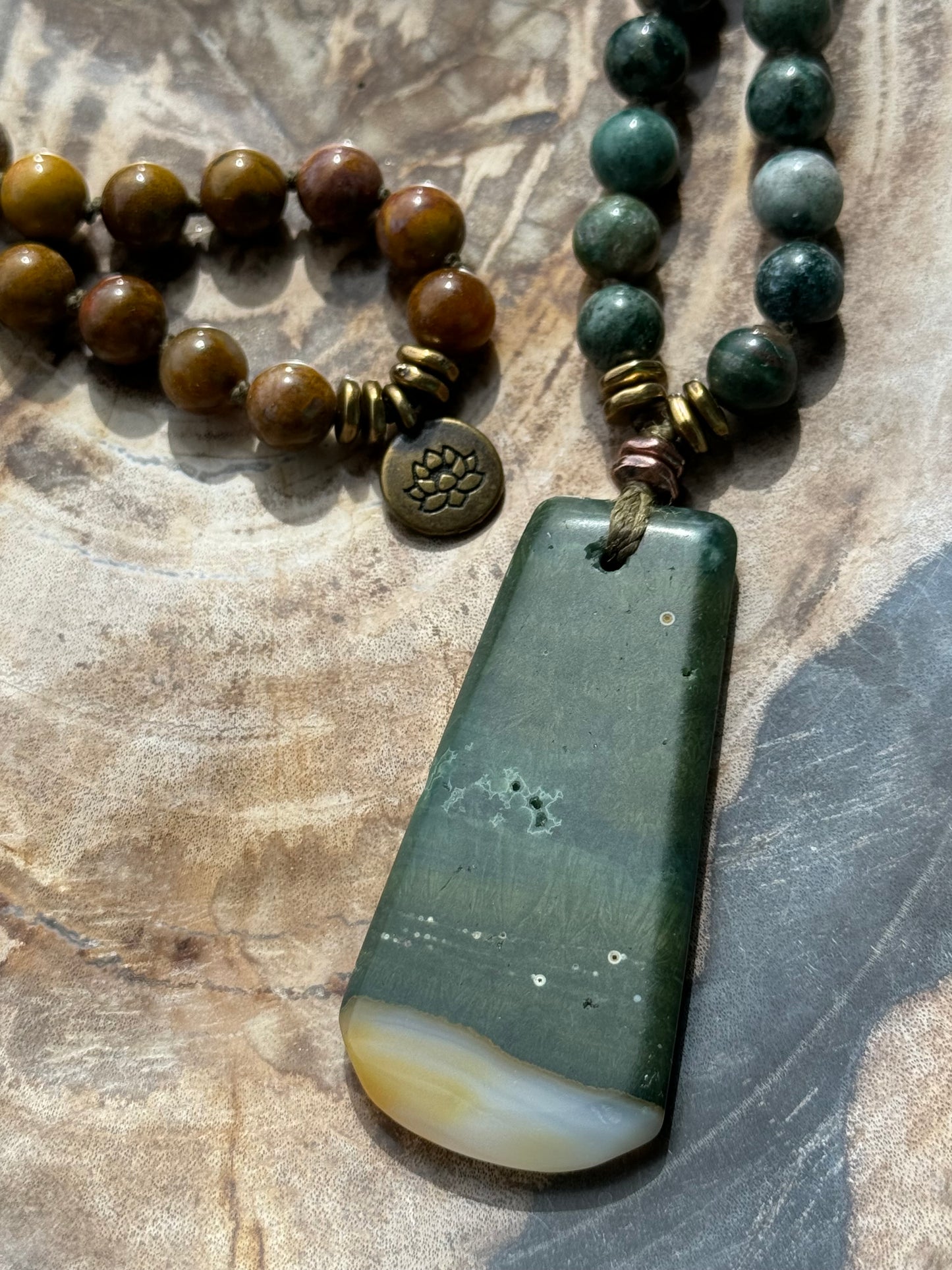 Mālā, Full Mālā with Ocean Jasper Pendant, Ocean Jasper Beads