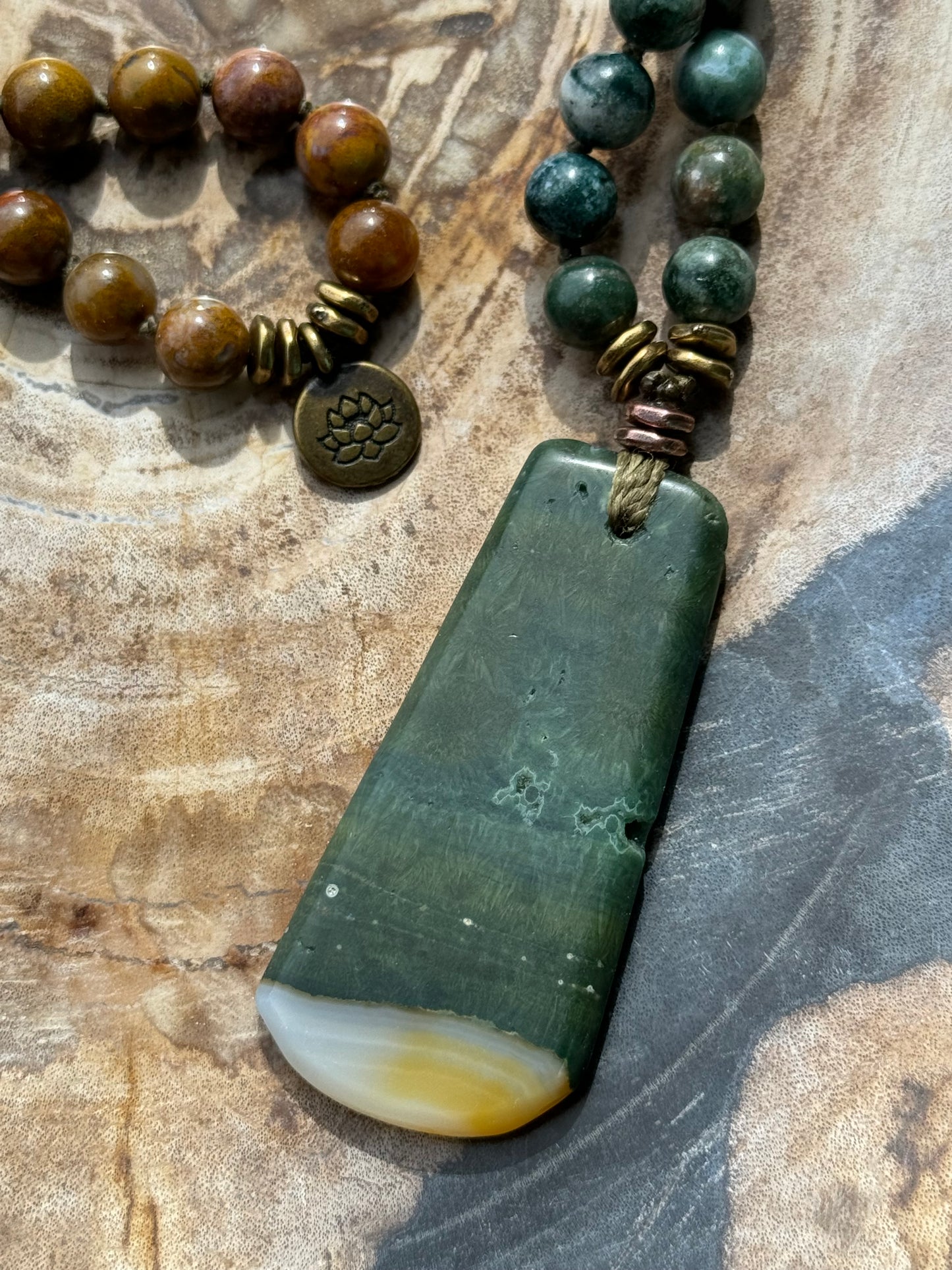 Mālā, Full Mālā with Ocean Jasper Pendant, Ocean Jasper Beads