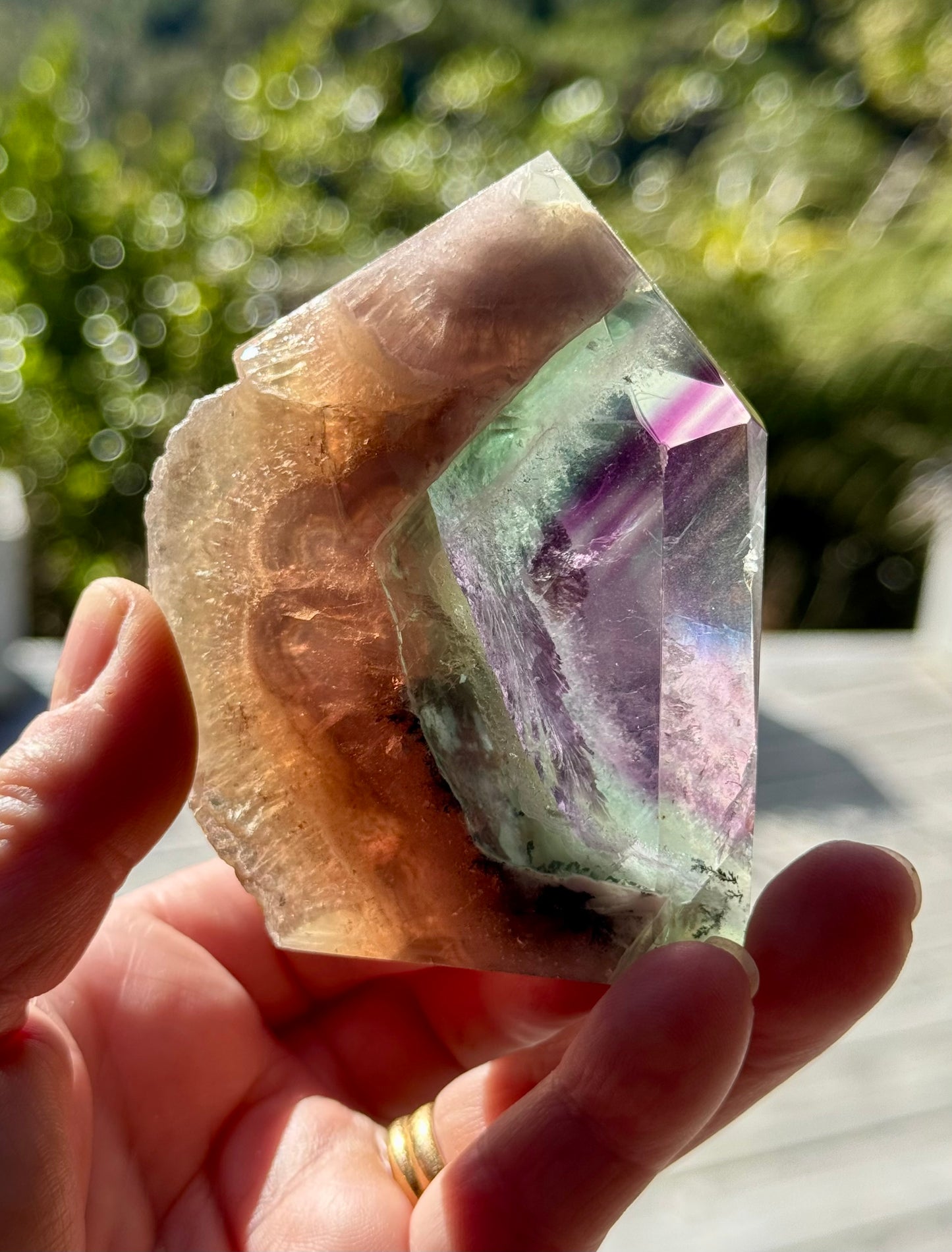 Rainbow Fluorite slice, Natural edge