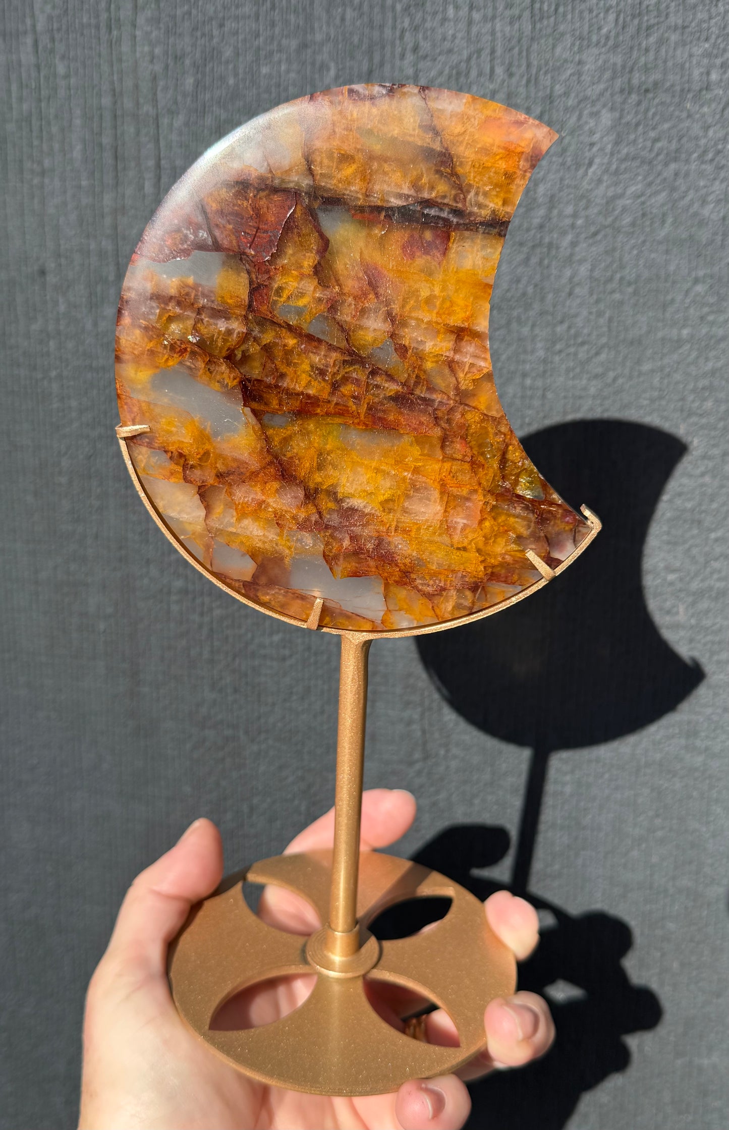 Golden Healer & Fire Quartz Carved Moon on Stand