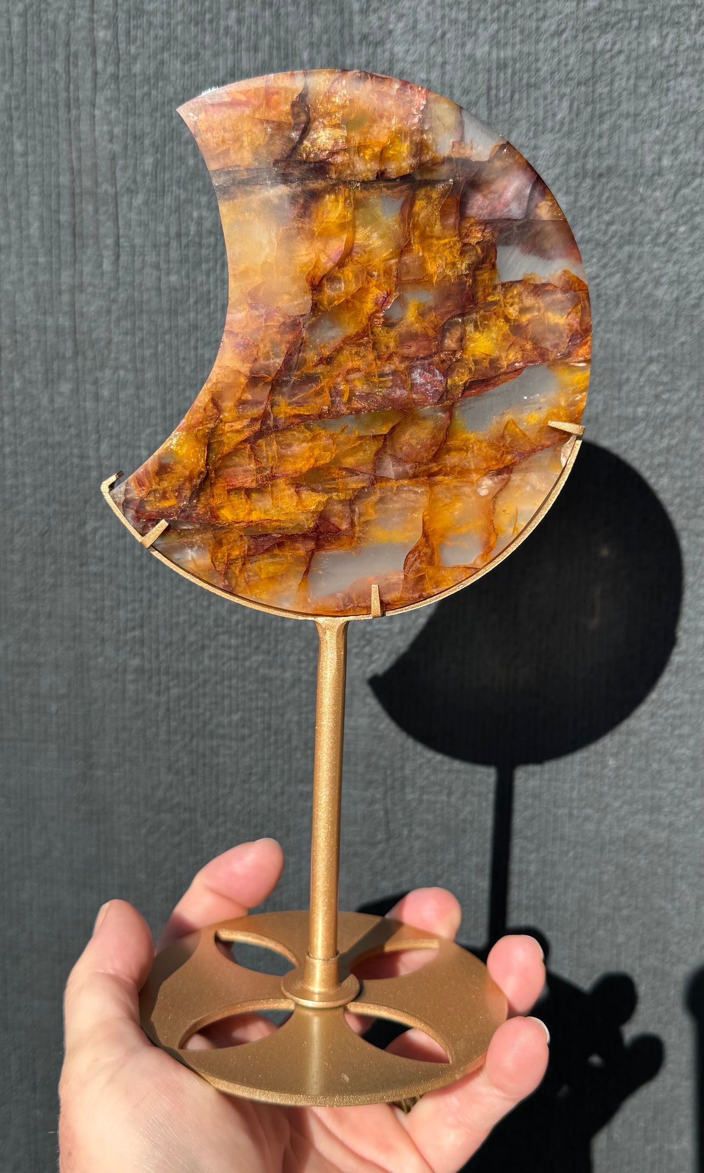 Golden Healer & Fire Quartz Carved Moon on Stand
