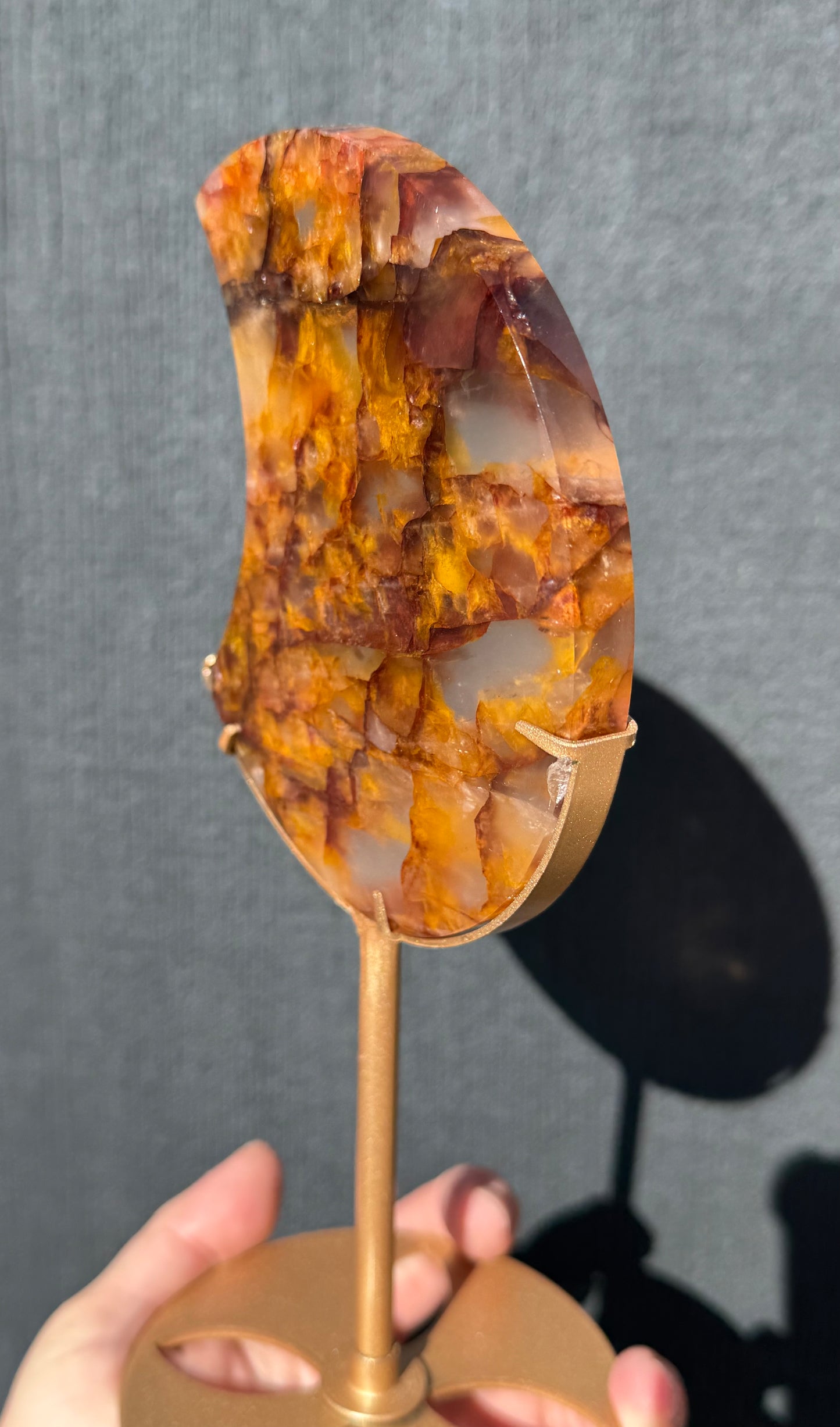 Golden Healer & Fire Quartz Carved Moon on Stand