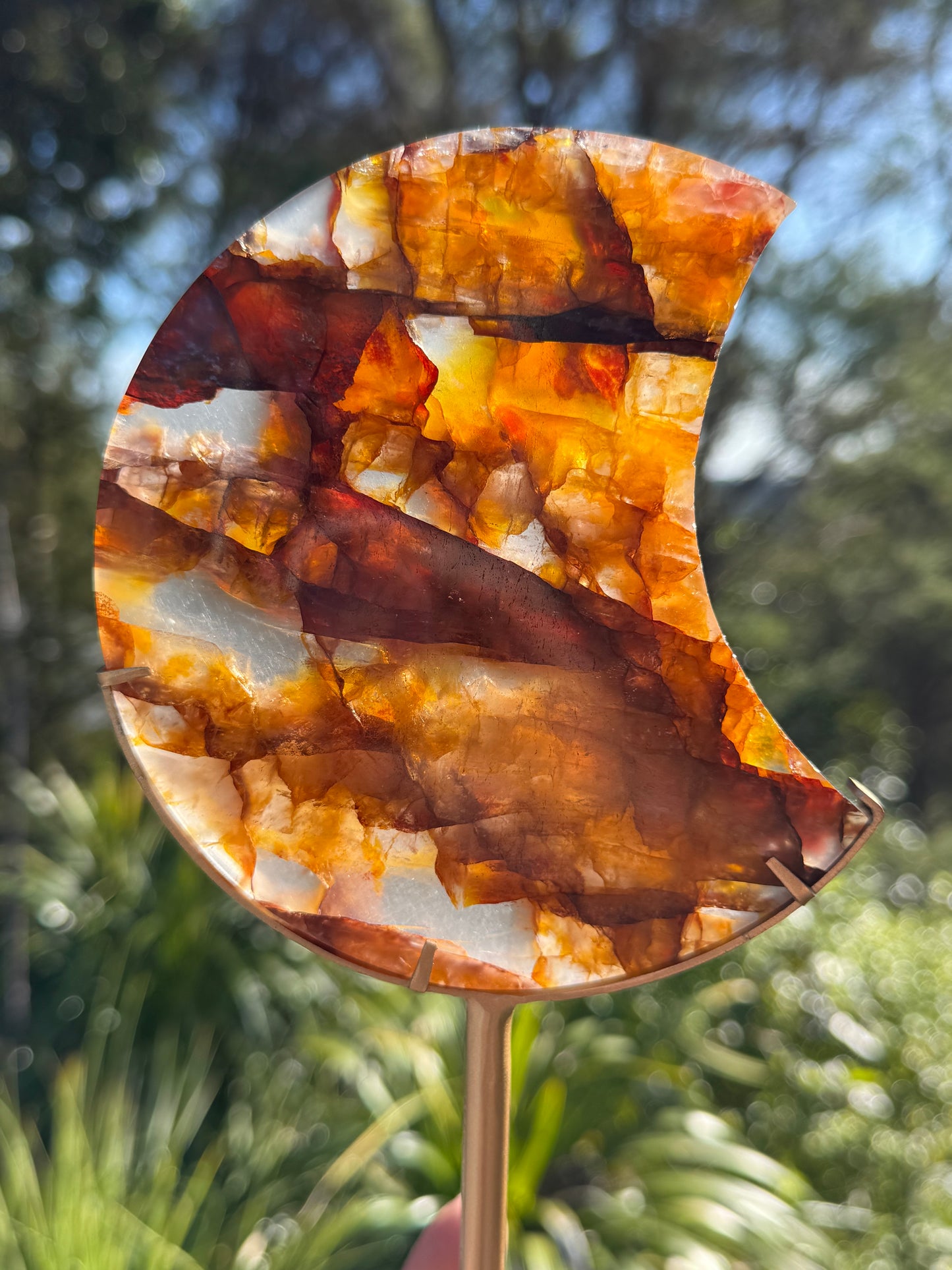 Golden Healer & Fire Quartz Carved Moon on Stand