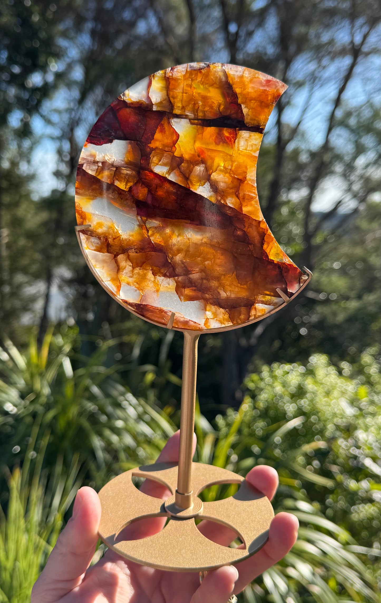 Golden Healer & Fire Quartz Carved Moon on Stand