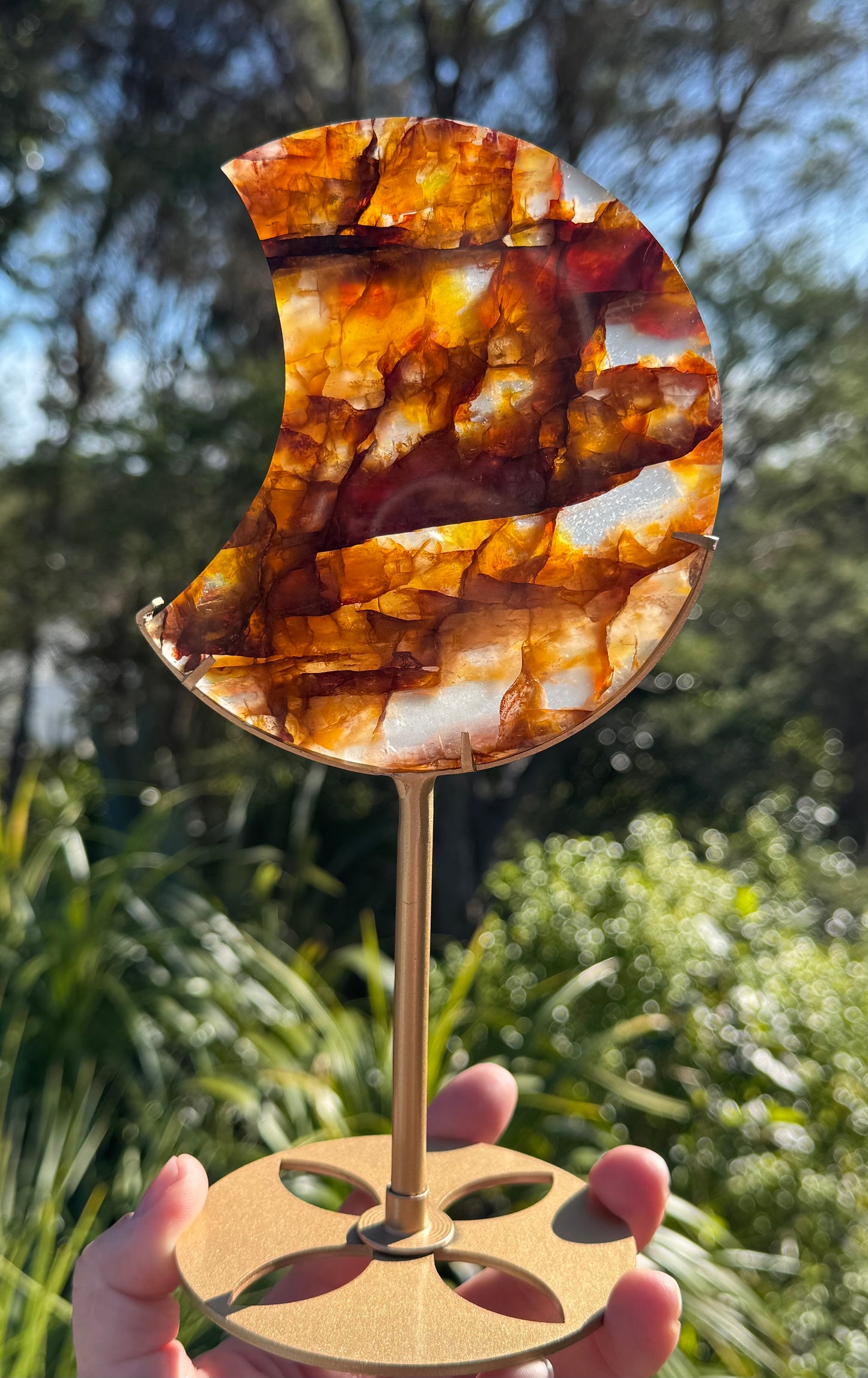 Golden Healer & Fire Quartz Carved Moon on Stand