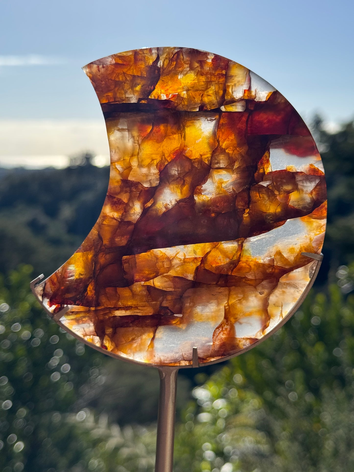 Golden Healer & Fire Quartz Carved Moon on Stand
