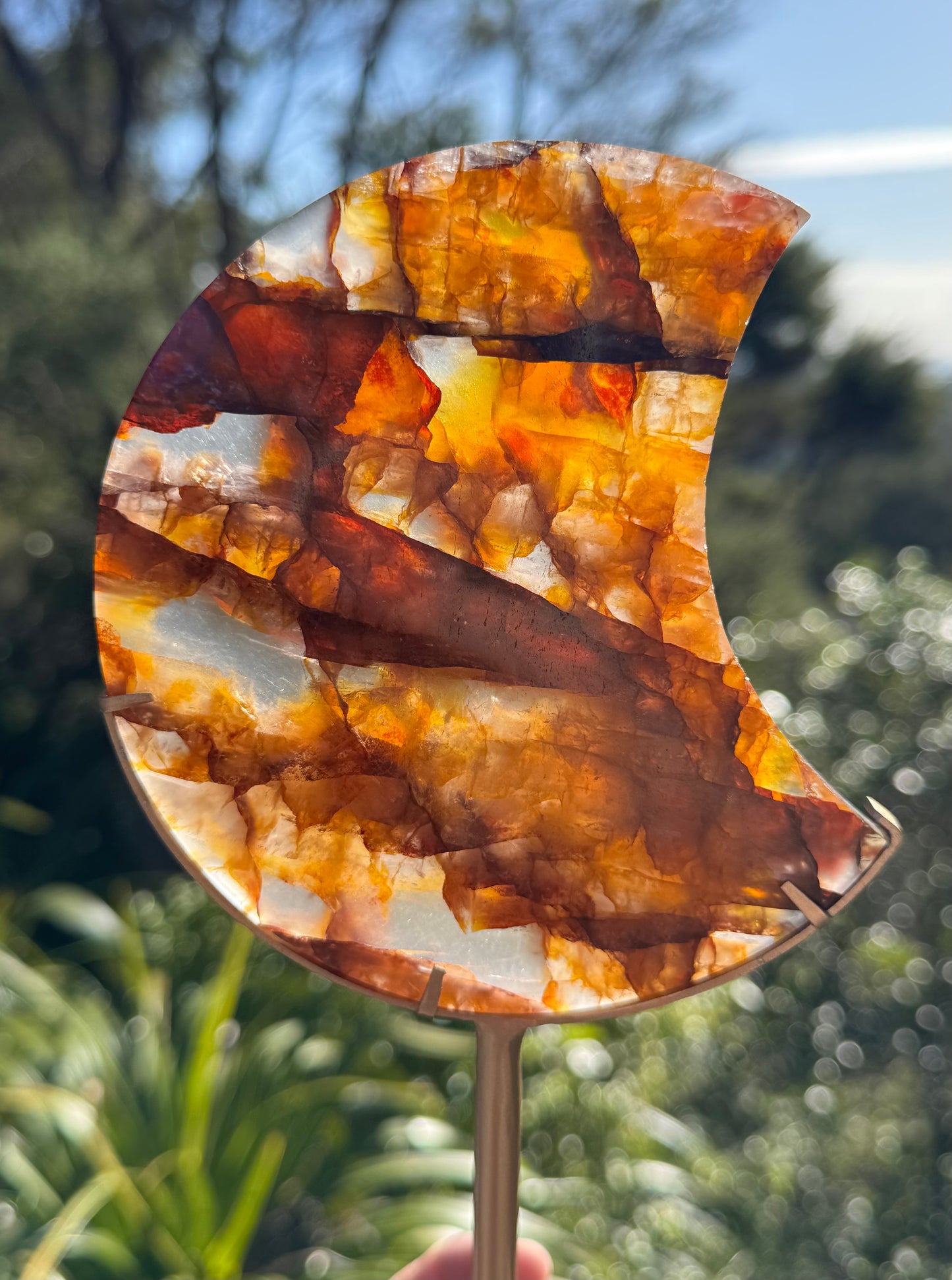 Golden Healer & Fire Quartz Carved Moon on Stand