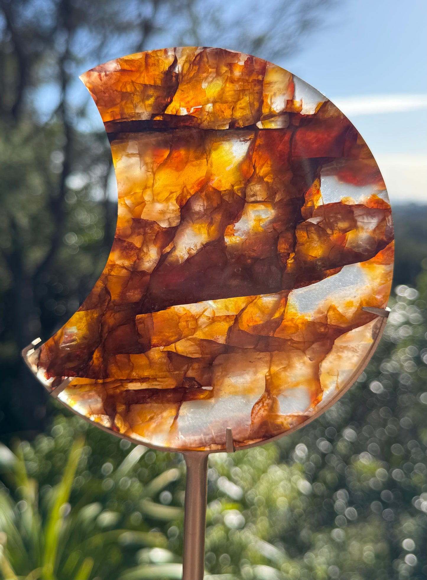 Golden Healer & Fire Quartz Carved Moon on Stand