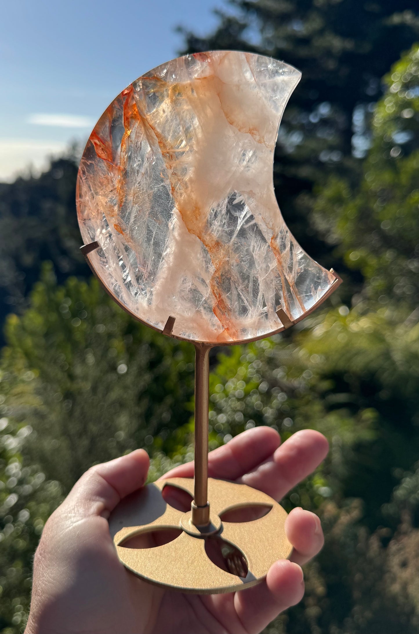 Fire Quartz Carved Moon on Stand