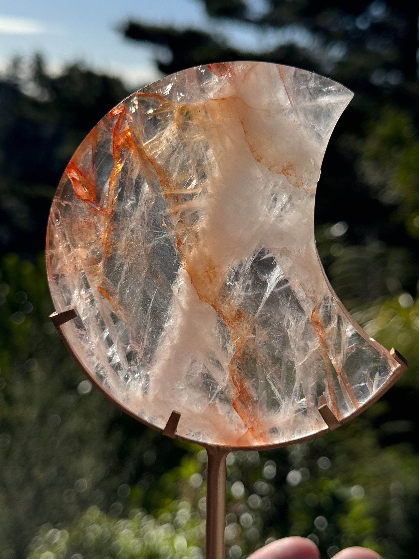 Fire Quartz Carved Moon on Stand