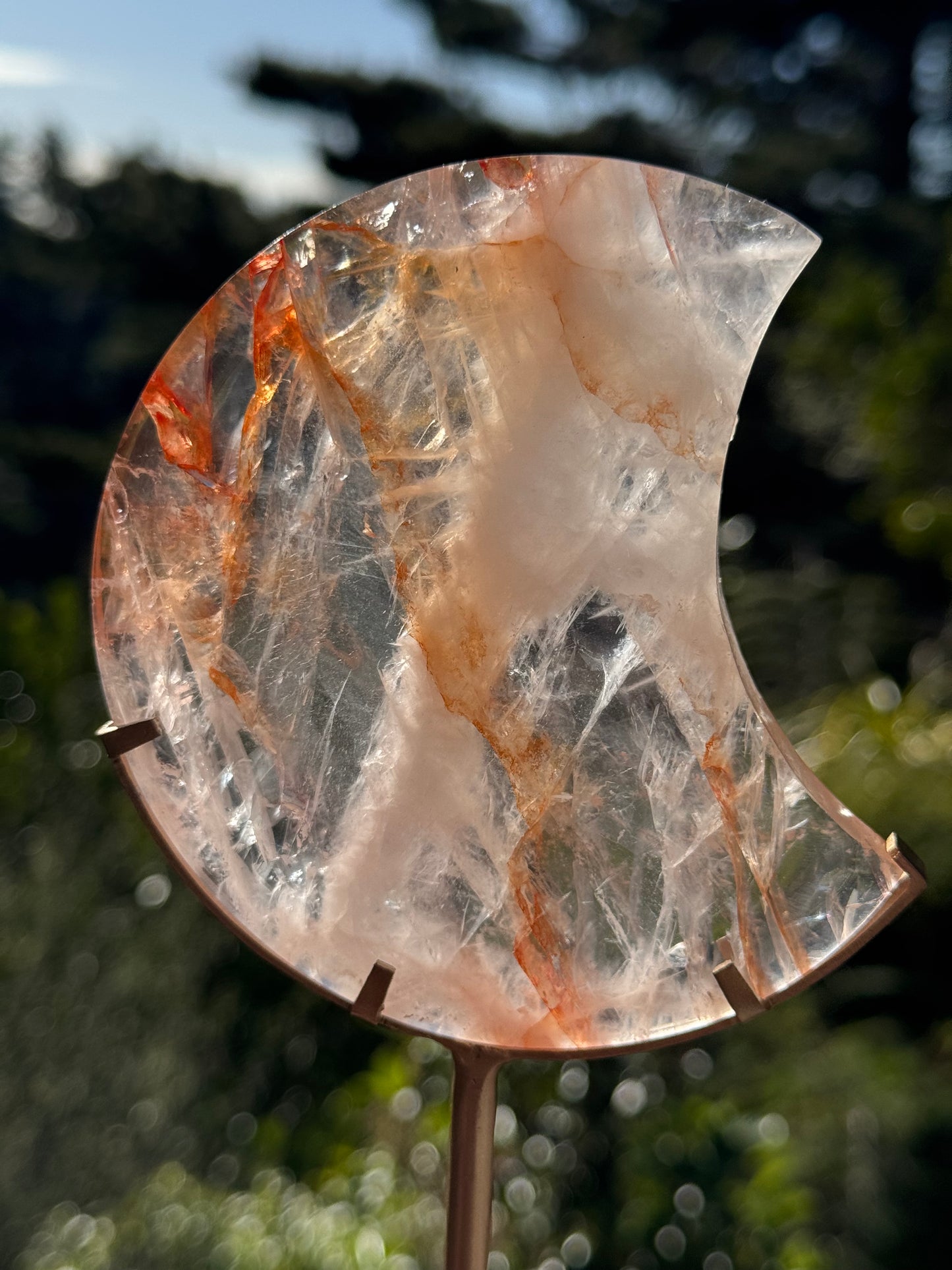 Fire Quartz Carved Moon on Stand