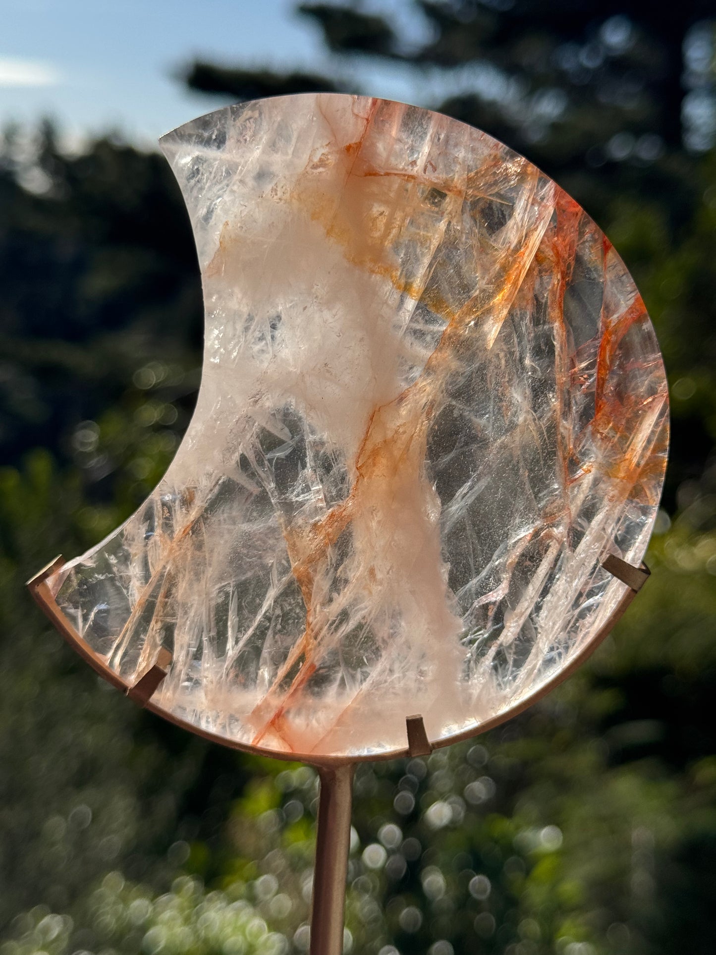 Fire Quartz Carved Moon on Stand