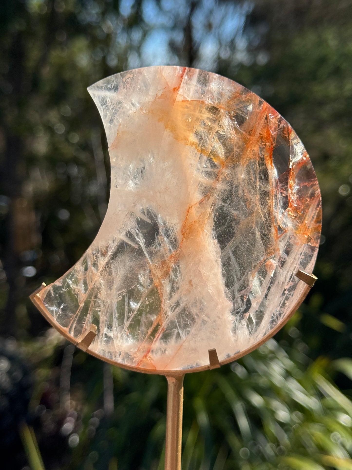 Fire Quartz Carved Moon on Stand