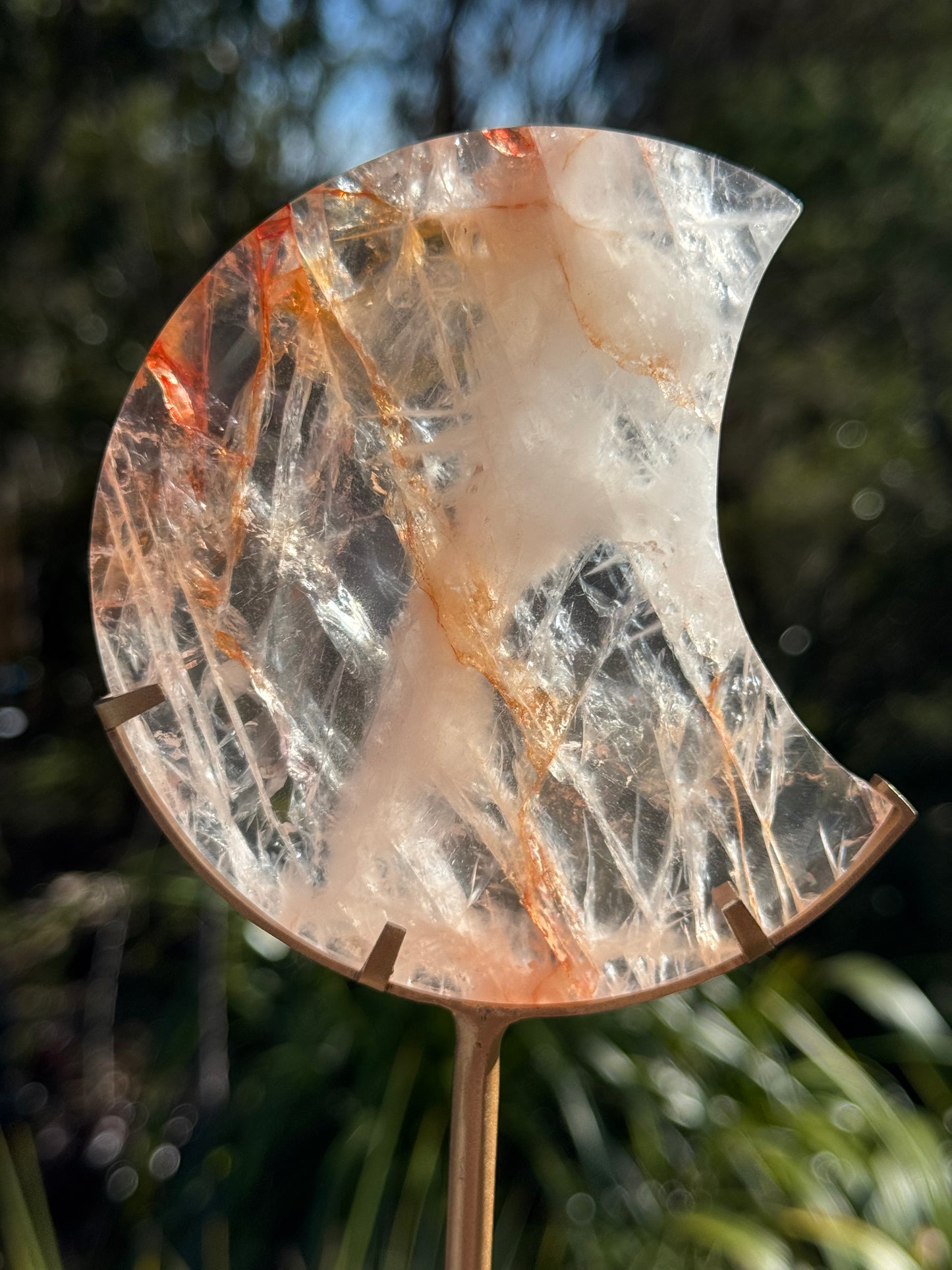 Fire Quartz Carved Moon on Stand