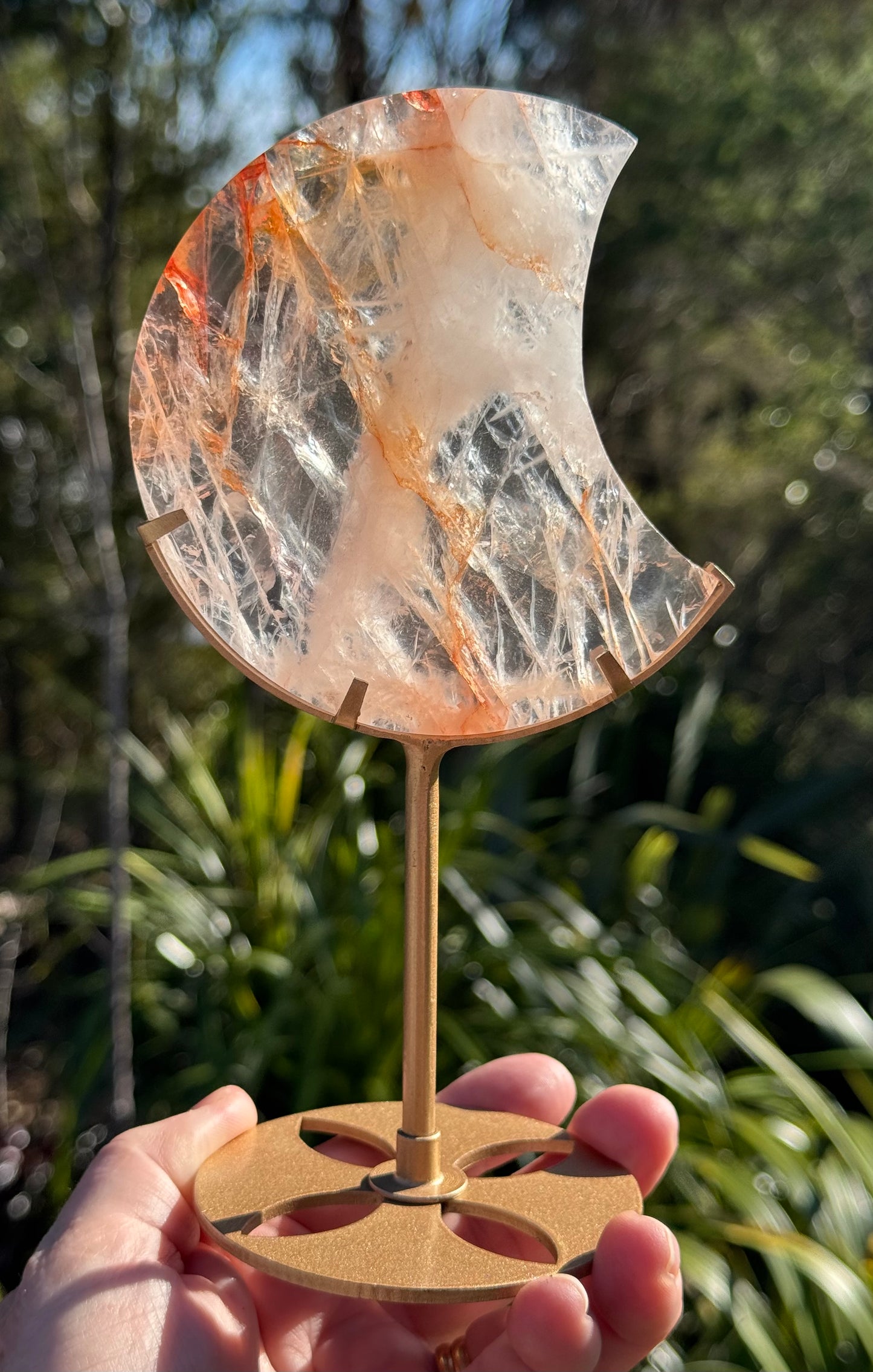 Fire Quartz Carved Moon on Stand