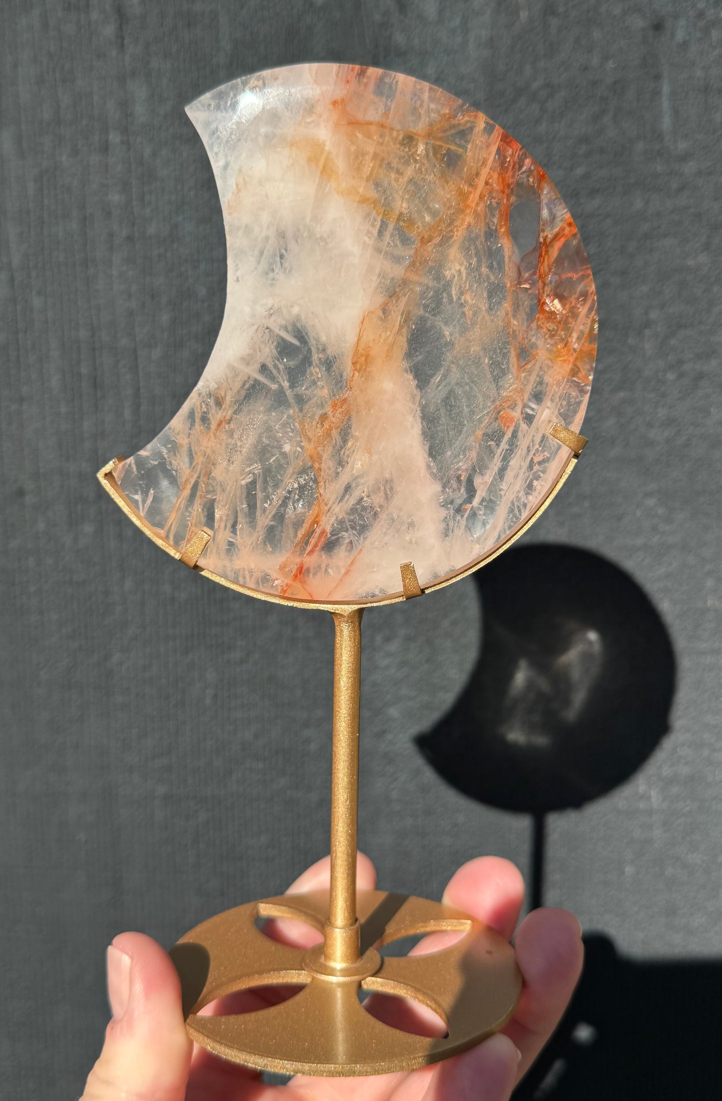 Fire Quartz Carved Moon on Stand