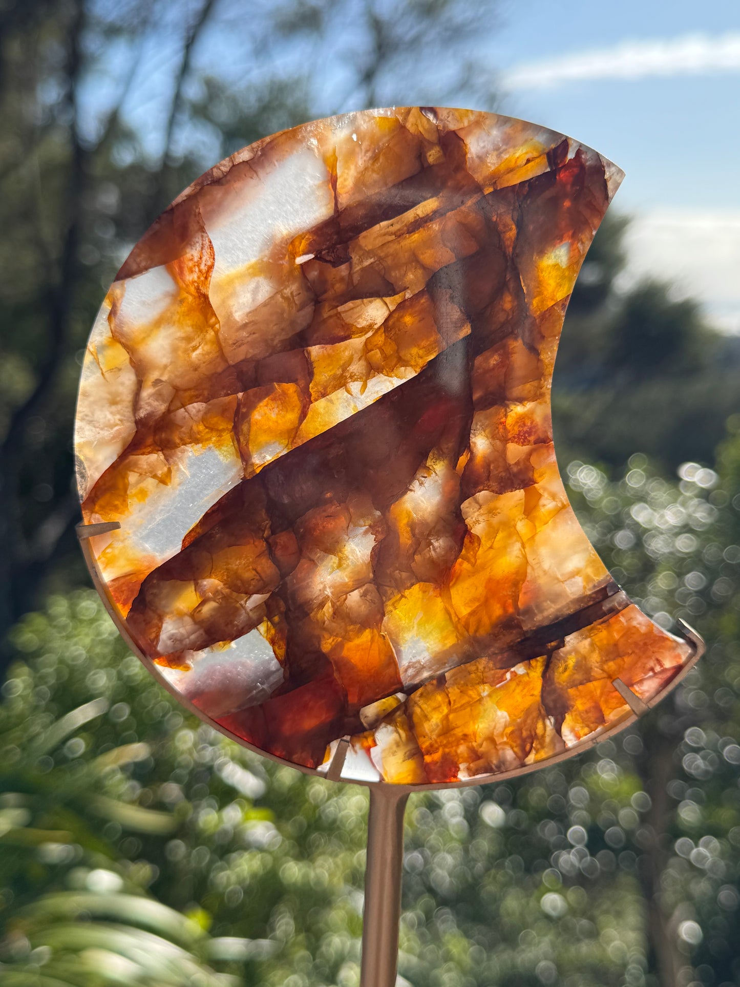 Golden Healer & Fire Quartz Carved Moon on Stand
