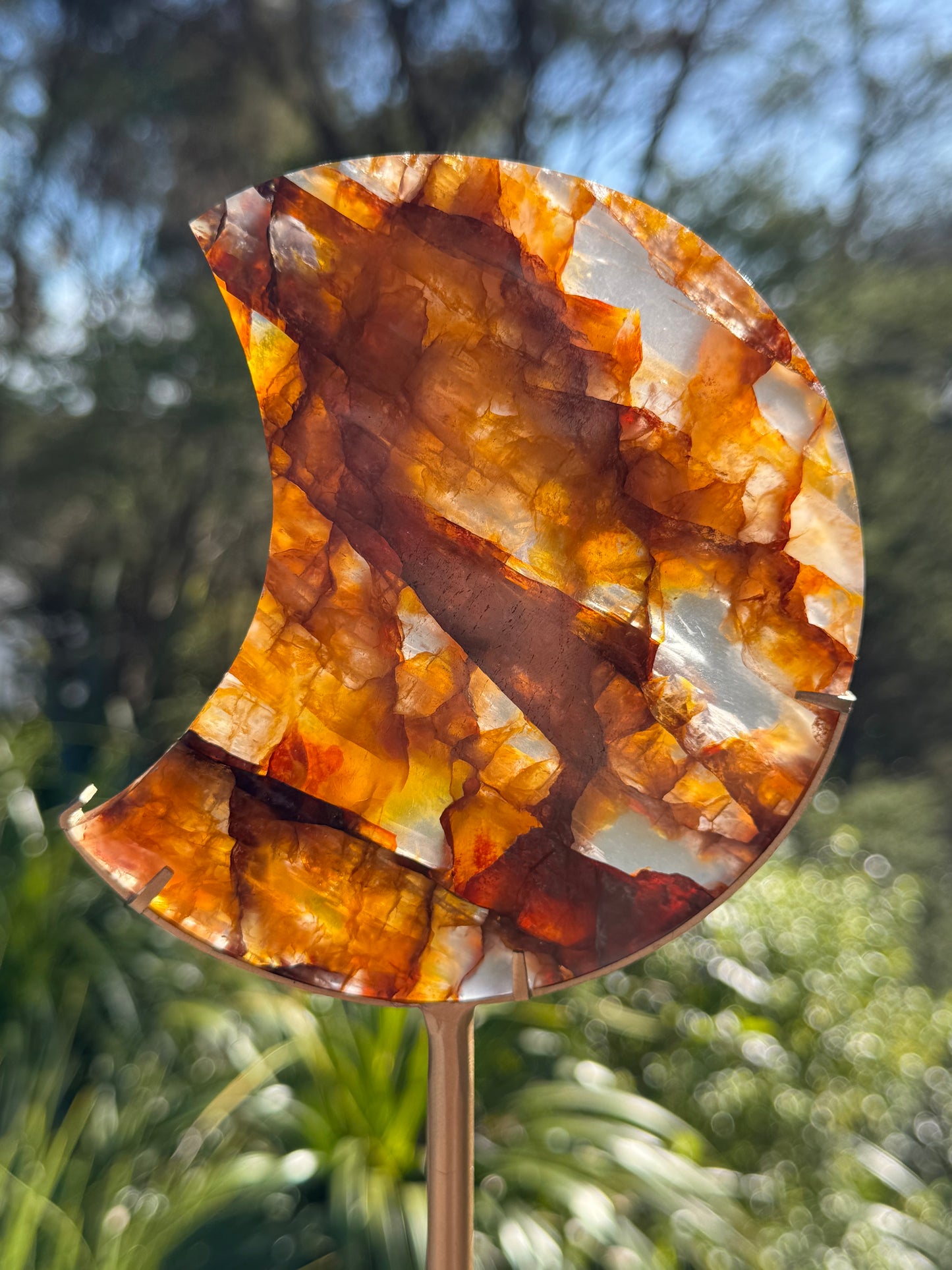 Golden Healer & Fire Quartz Carved Moon on Stand