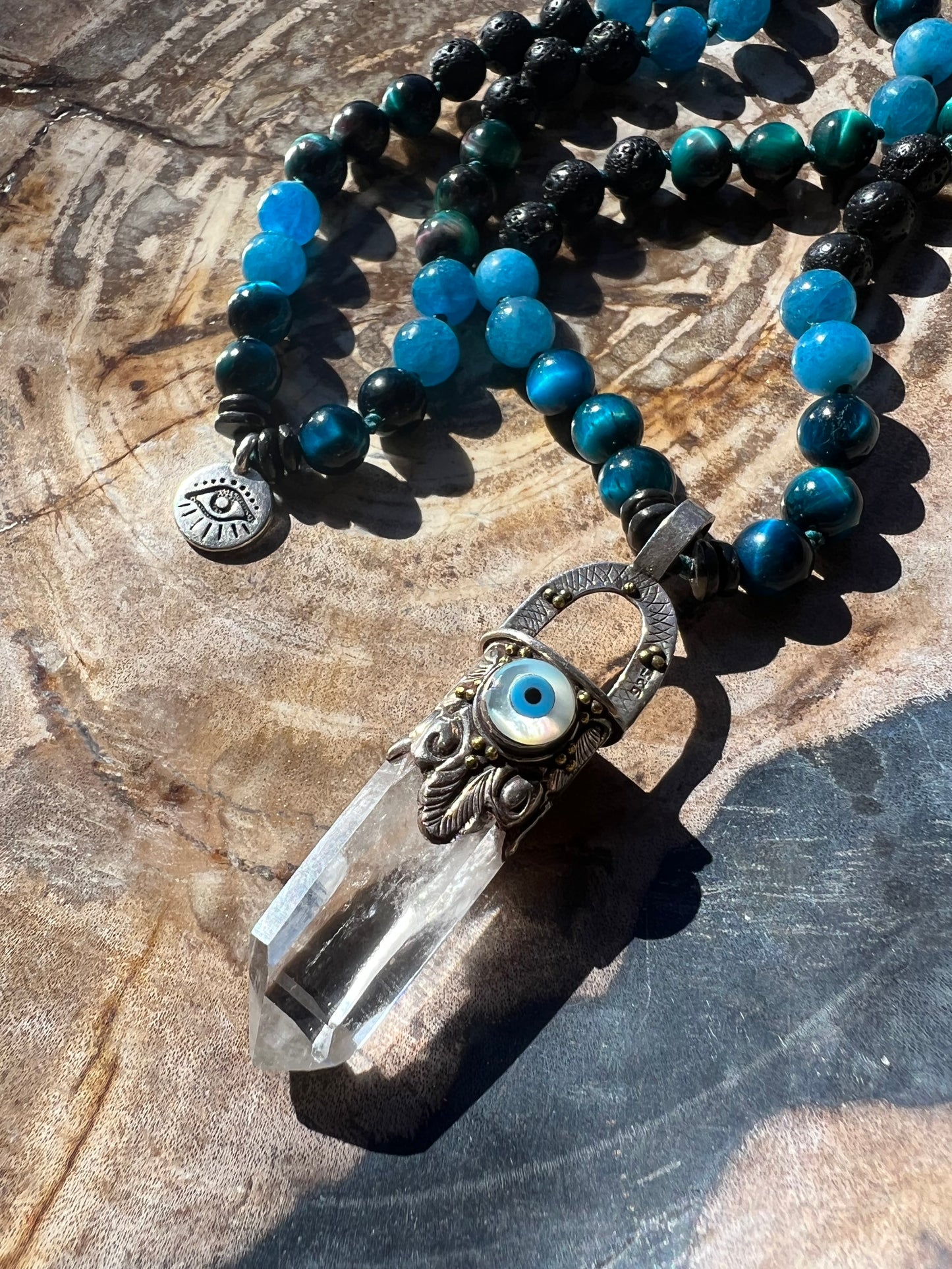 Mālā with Tigers Eye, Apatite Beads and a Clear Quartz Pendant