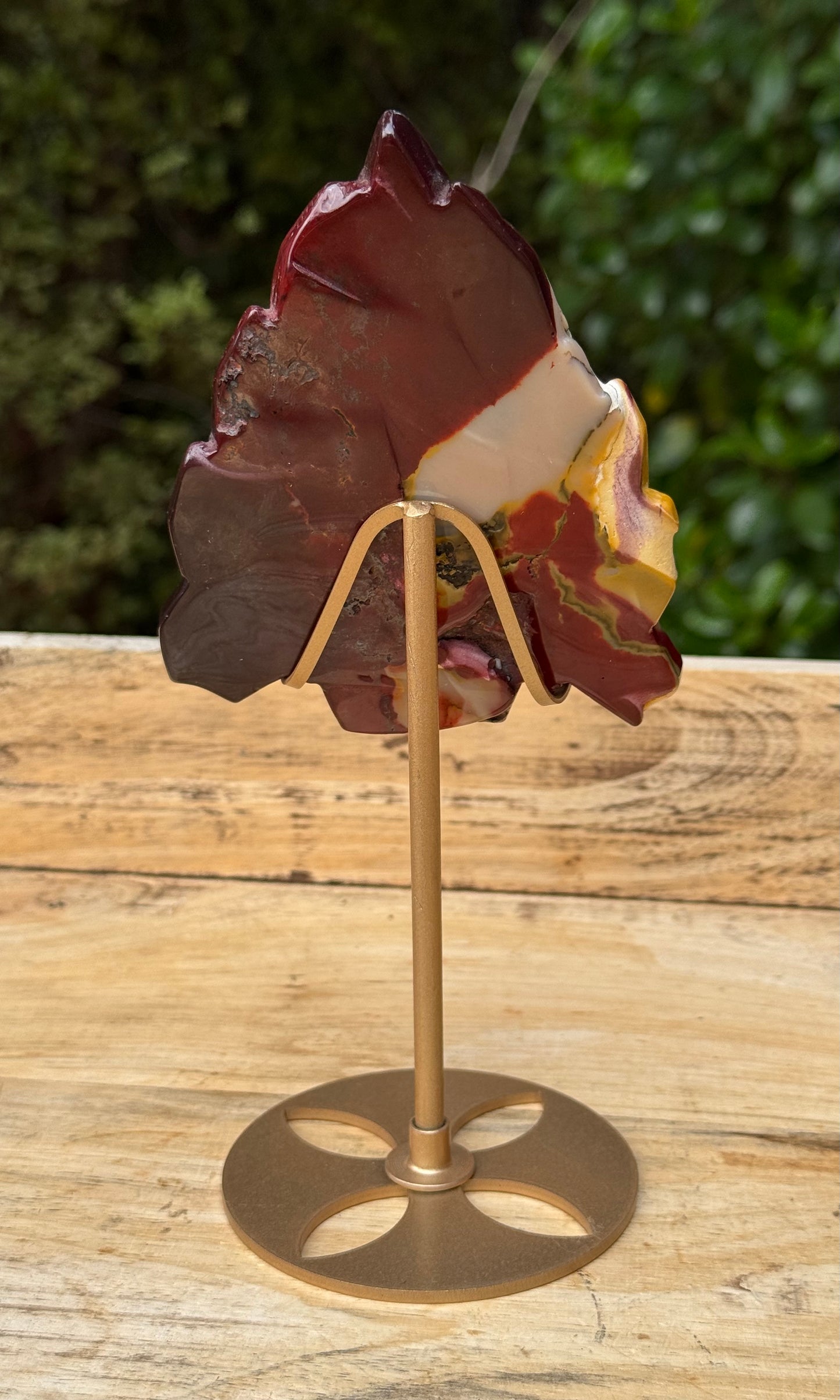 Mookaite Jasper carved Skull with Feathers on a stand