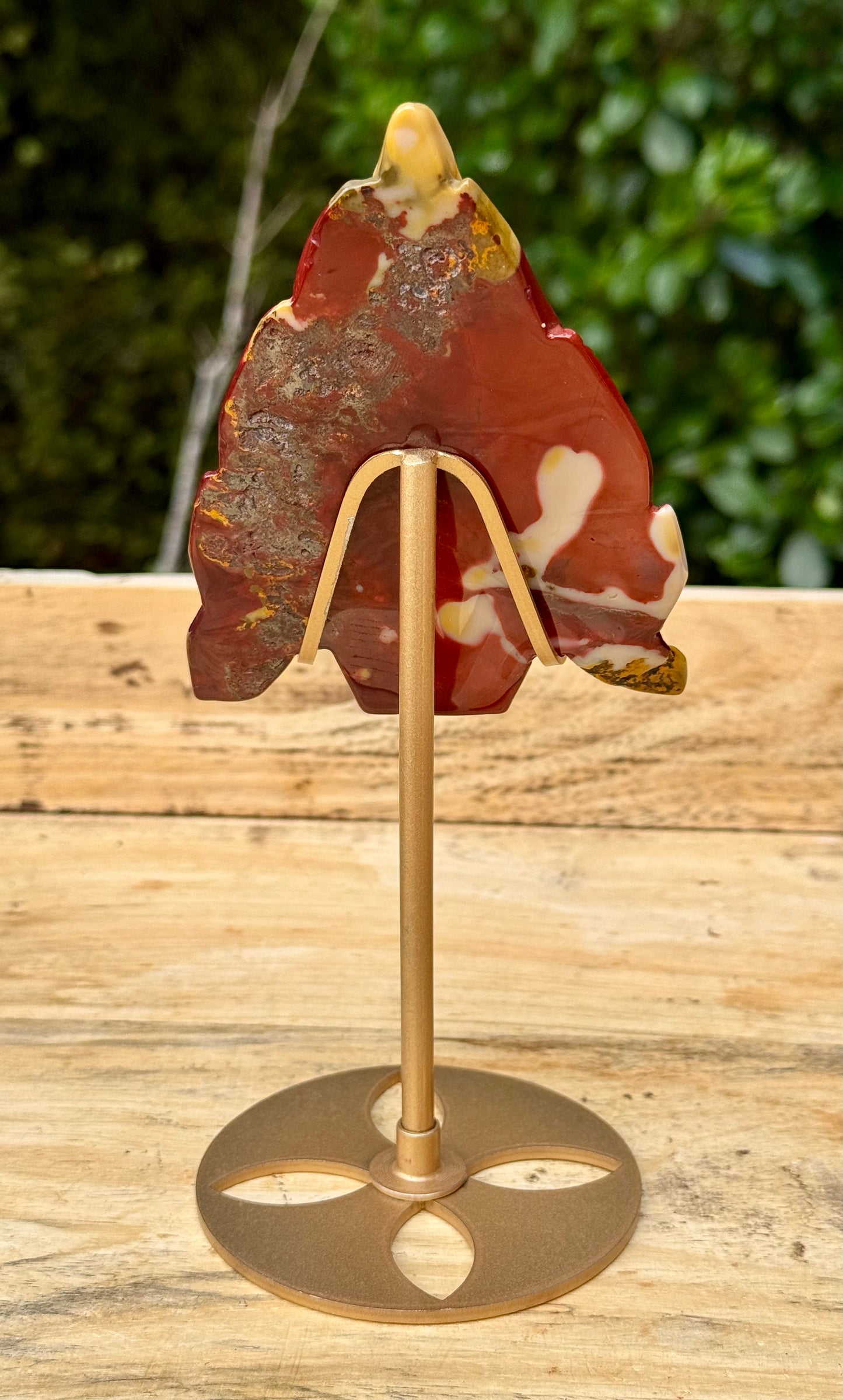 Mookaite Jasper carved Skull with Feathers on a stand