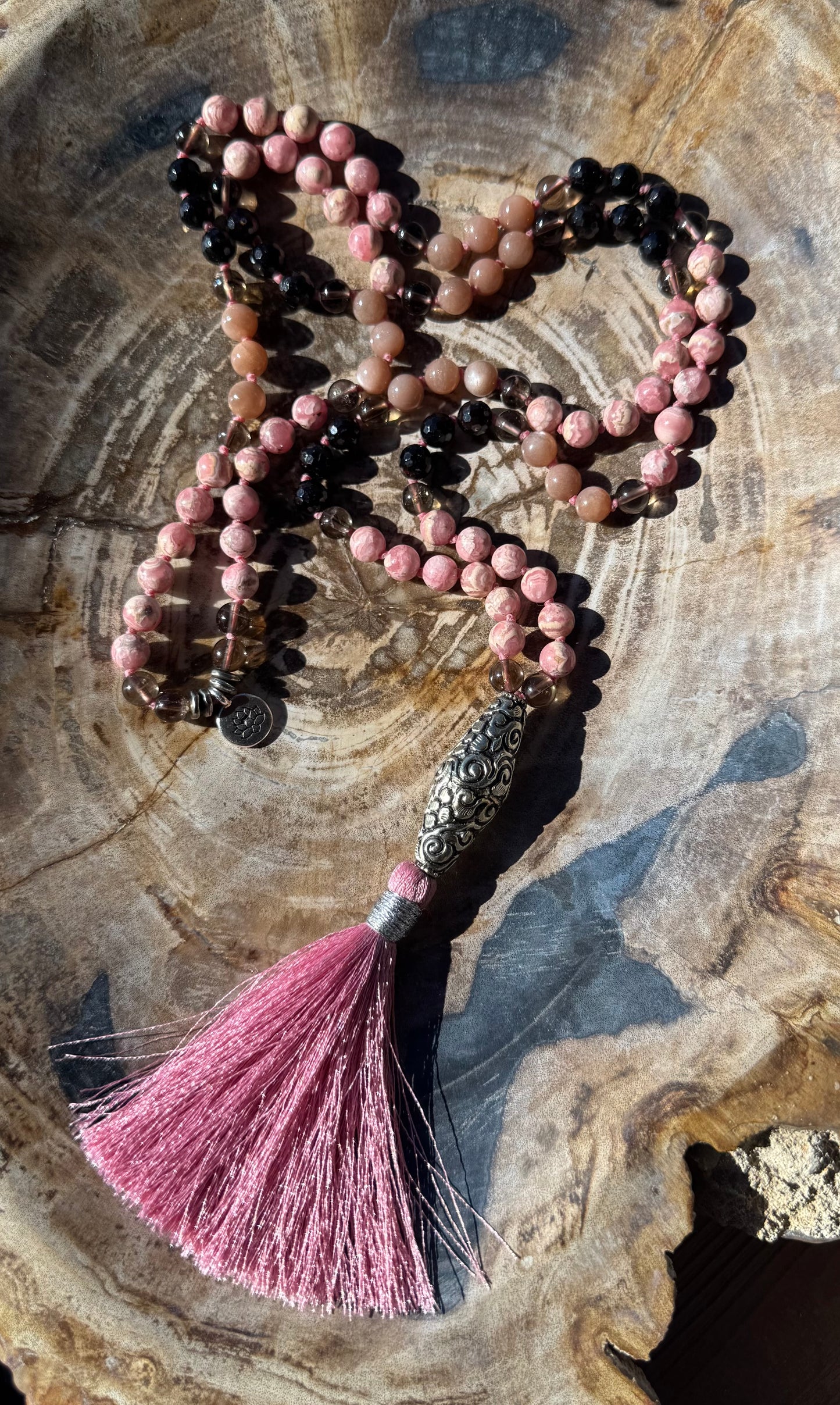 Mālā, Full Japa Mālā with Rhodochrosite, Sunstone, Garnet and Smoky Quartz with a Nepalese Silver Guru Bead