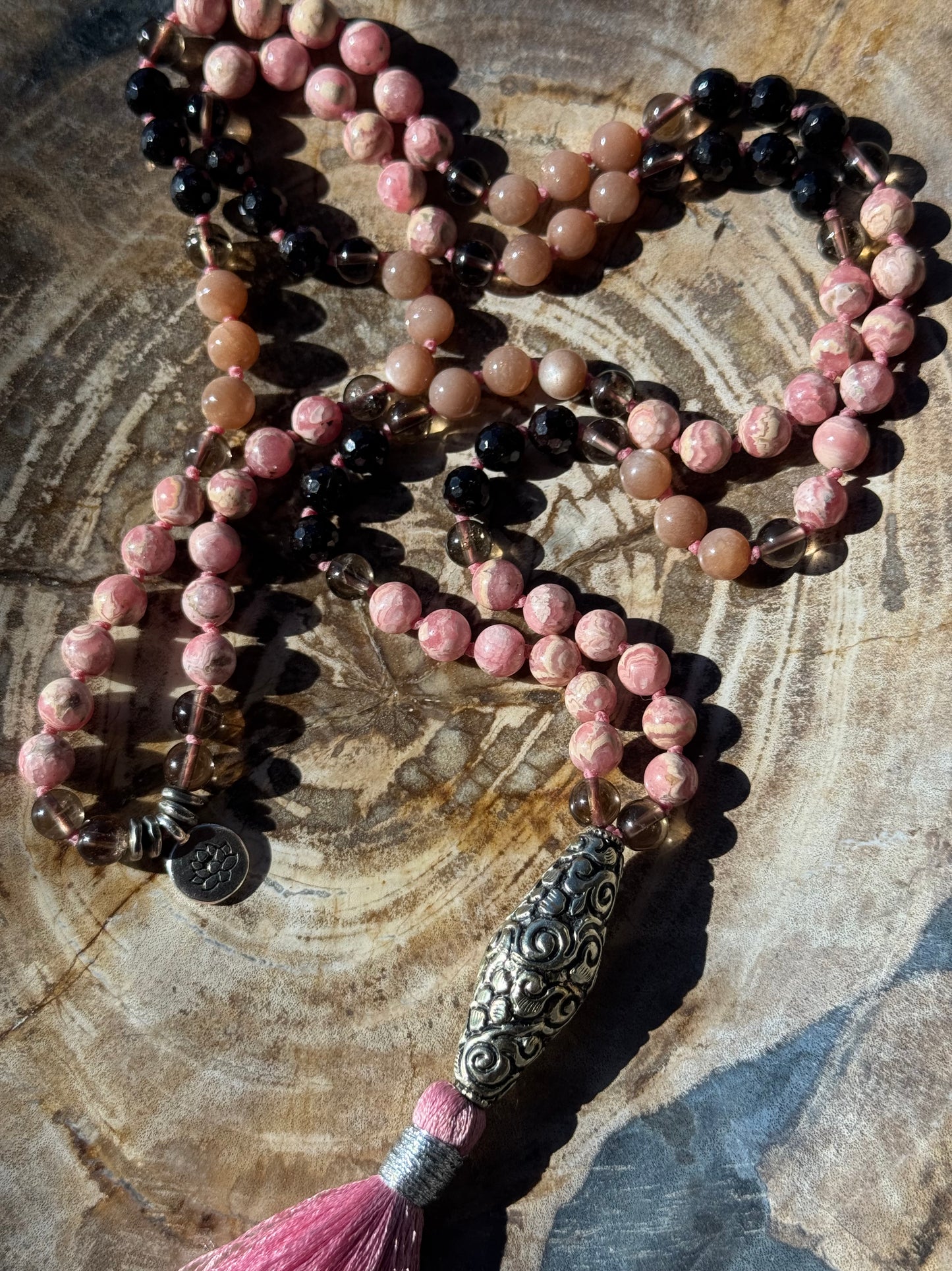 Mālā, Full Japa Mālā with Rhodochrosite, Sunstone, Garnet and Smoky Quartz with a Nepalese Silver Guru Bead