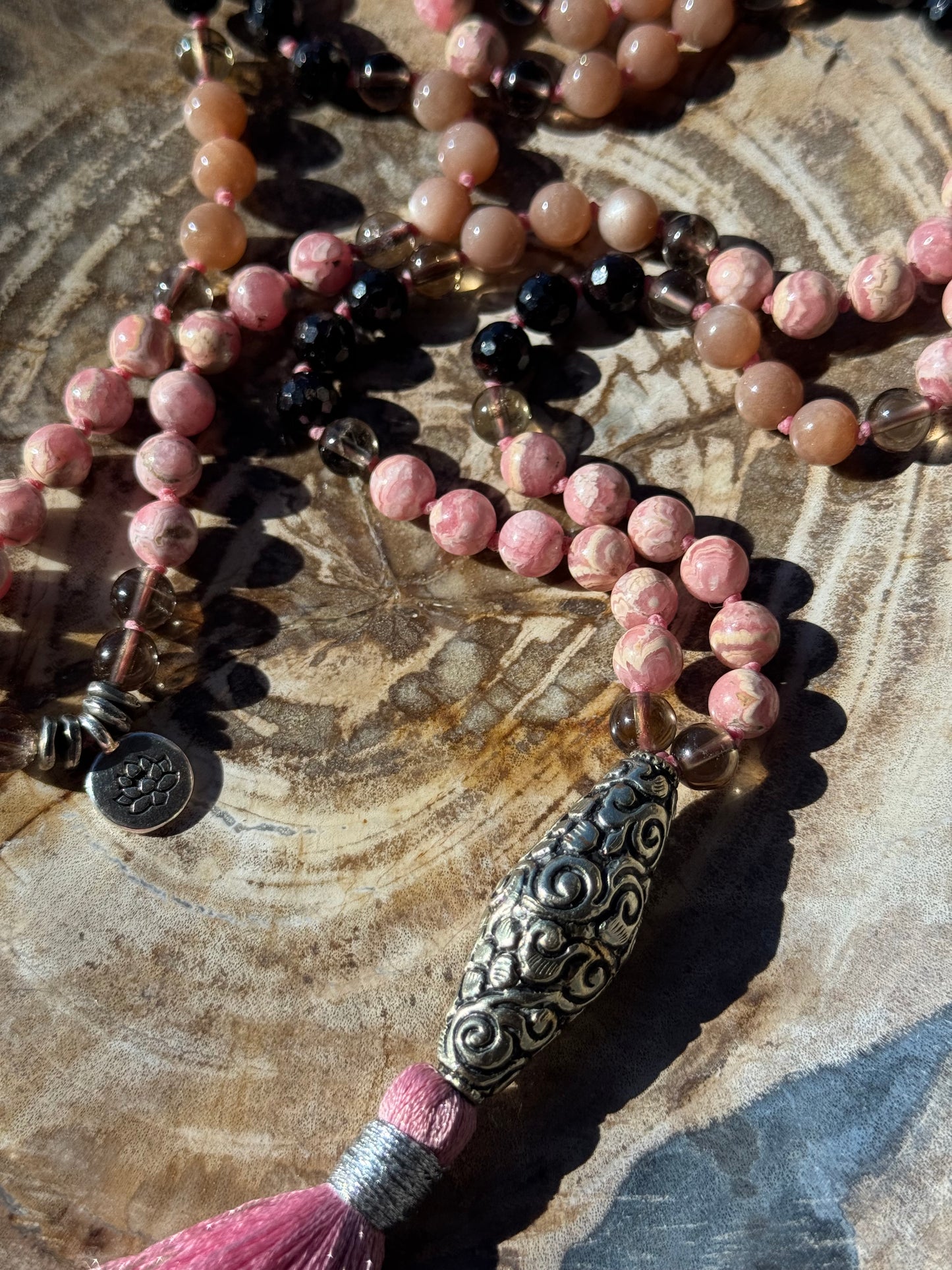 Mālā, Full Japa Mālā with Rhodochrosite, Sunstone, Garnet and Smoky Quartz with a Nepalese Silver Guru Bead
