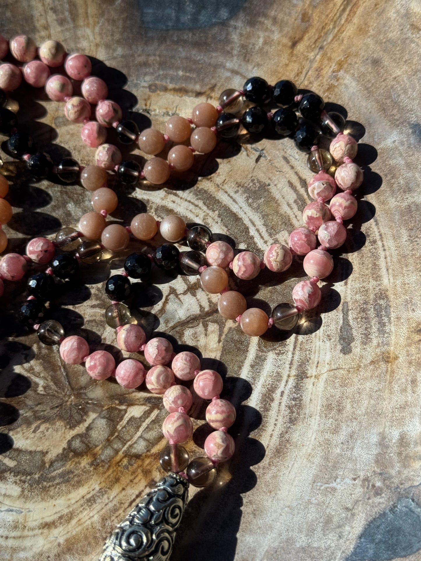 Mālā, Full Japa Mālā with Rhodochrosite, Sunstone, Garnet and Smoky Quartz with a Nepalese Silver Guru Bead