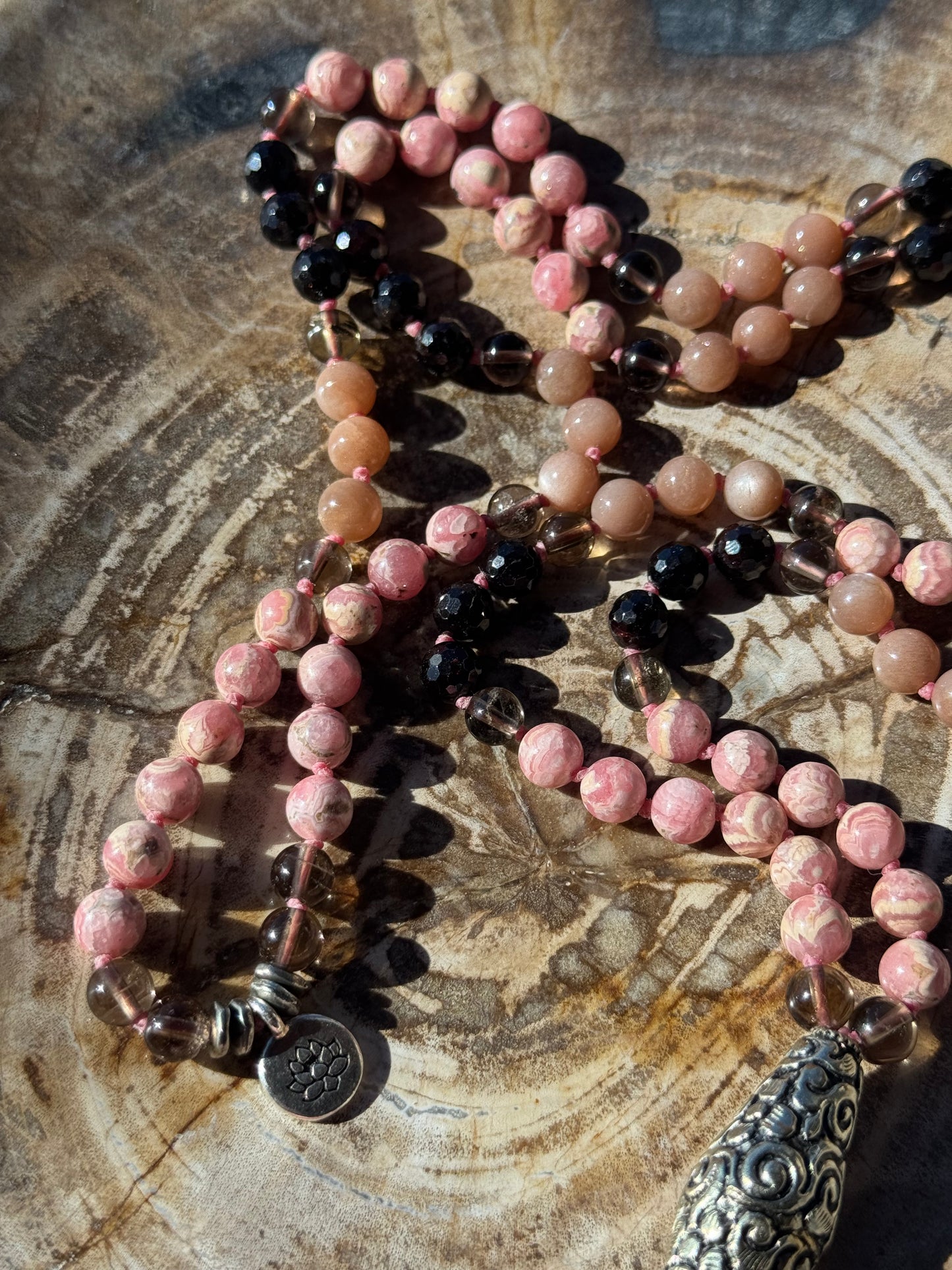 Mālā, Full Japa Mālā with Rhodochrosite, Sunstone, Garnet and Smoky Quartz with a Nepalese Silver Guru Bead