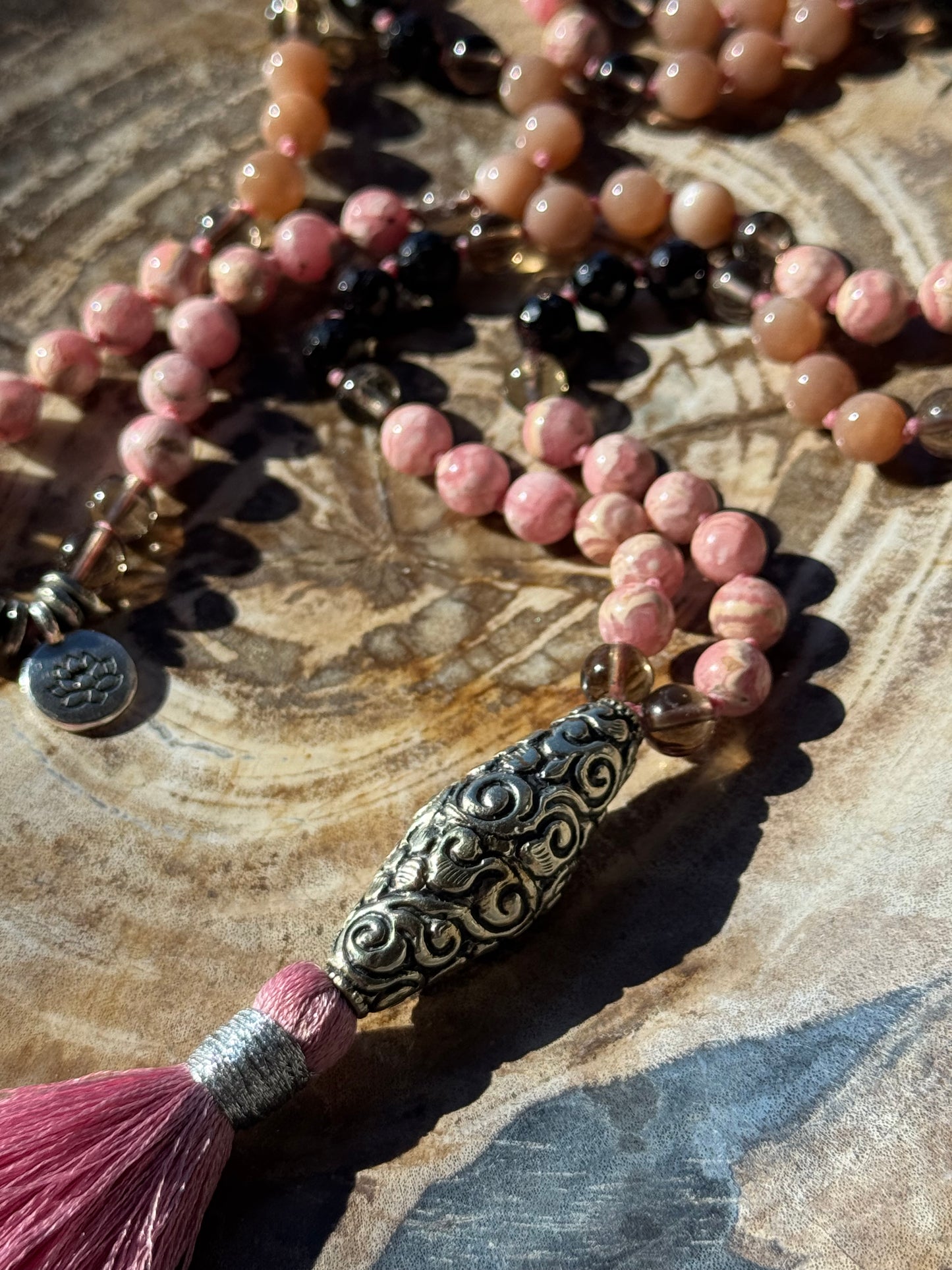 Mālā, Full Japa Mālā with Rhodochrosite, Sunstone, Garnet and Smoky Quartz with a Nepalese Silver Guru Bead
