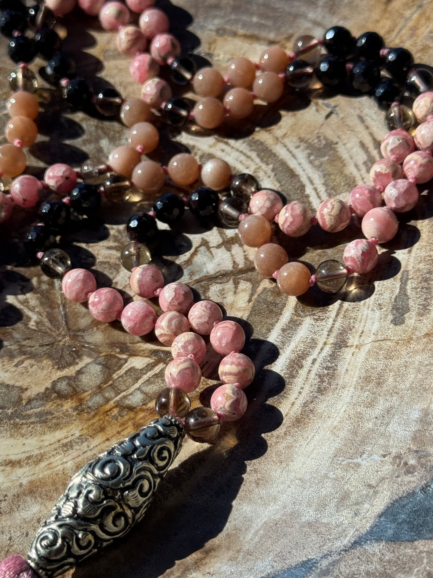 Mālā, Full Japa Mālā with Rhodochrosite, Sunstone, Garnet and Smoky Quartz with a Nepalese Silver Guru Bead