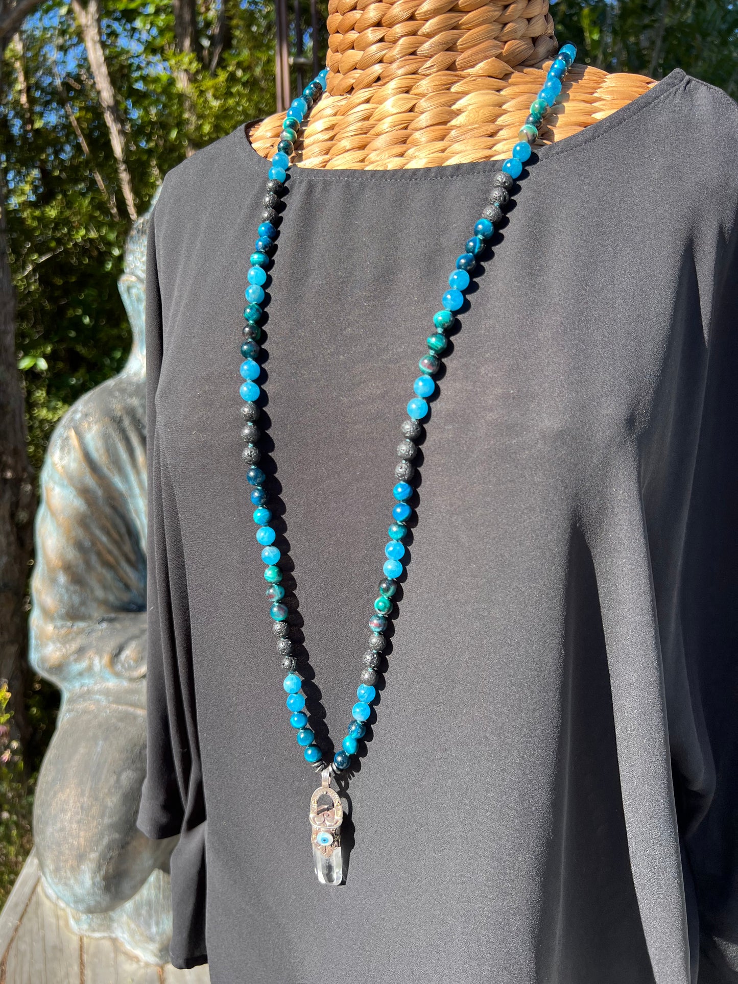 Mālā with Tigers Eye, Apatite Beads and a Clear Quartz Pendant