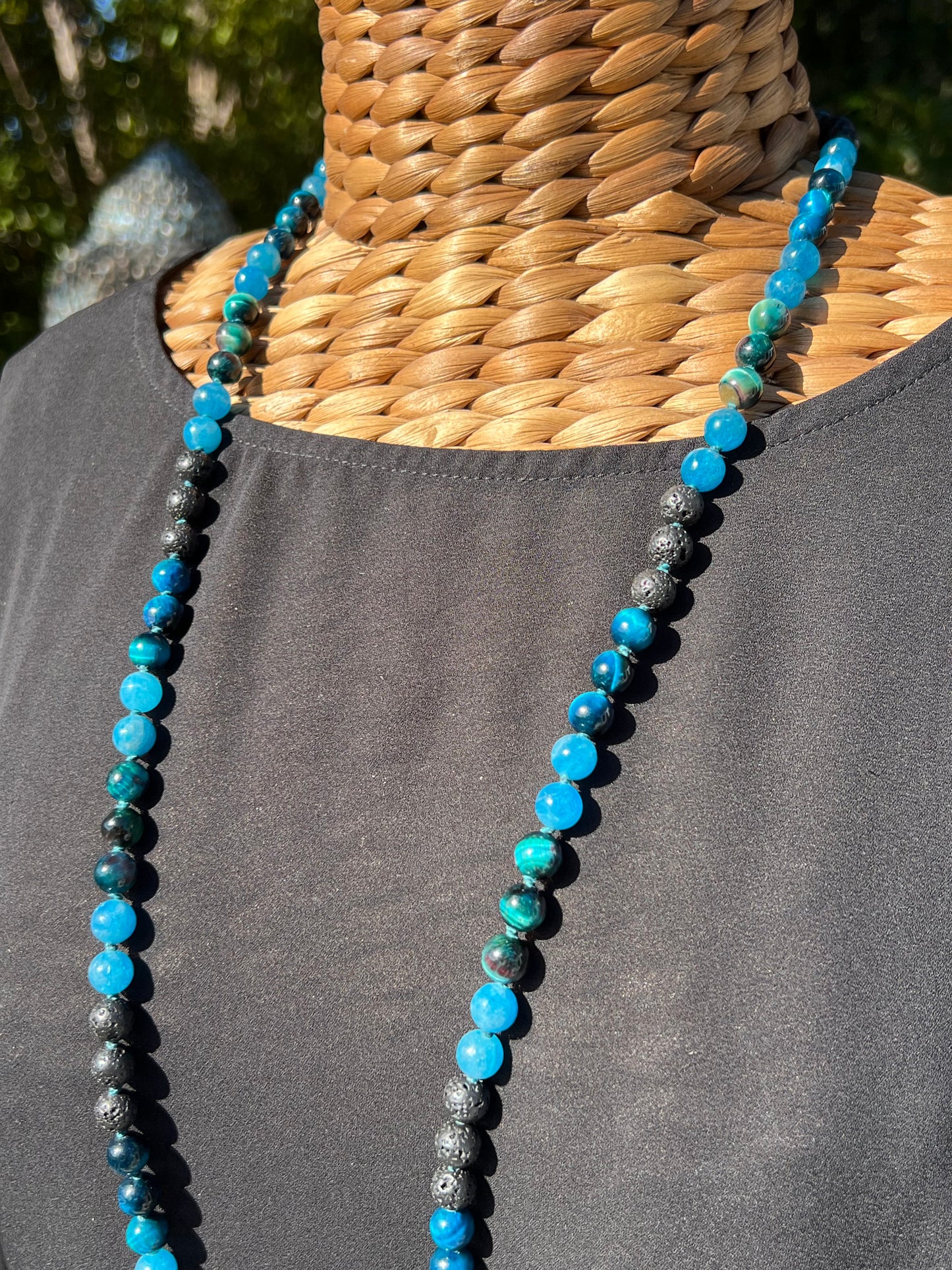 Mālā with Tigers Eye, Apatite Beads and a Clear Quartz Pendant